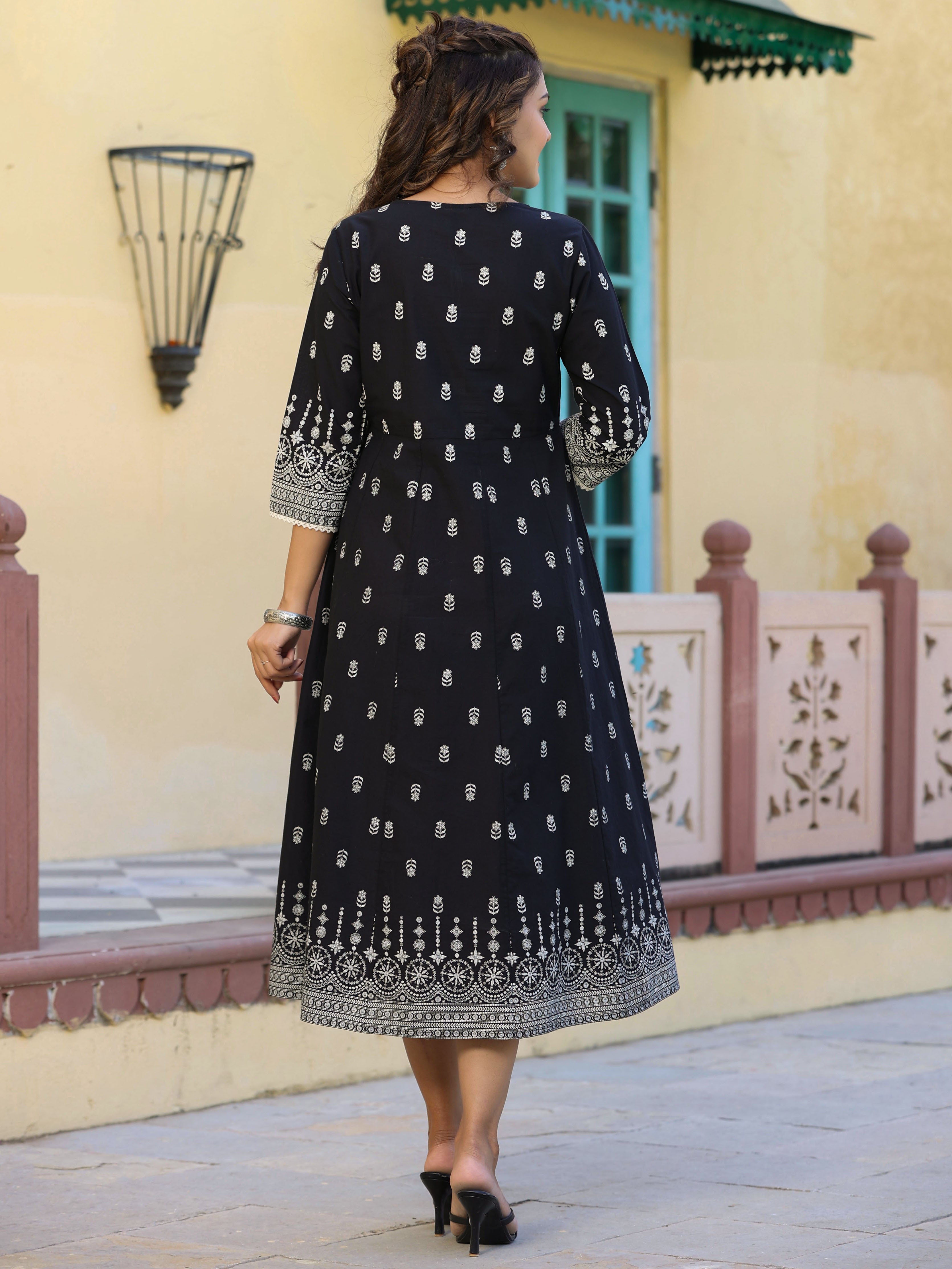 Juniper Women's Black Cambric Printed Anarkali Flared Dress