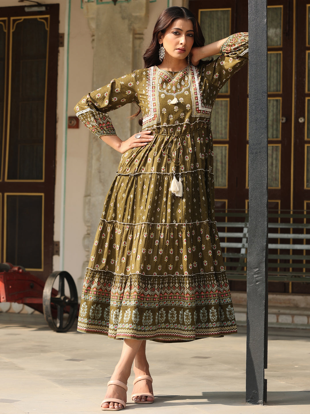Juniper Women Olive Cotton Cambric Printed Tiered Maxi Dress