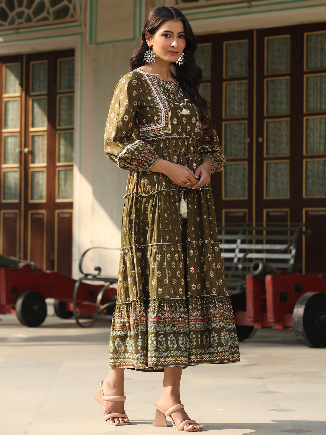 Juniper Women Olive Cotton Cambric Printed Tiered Maxi Dress