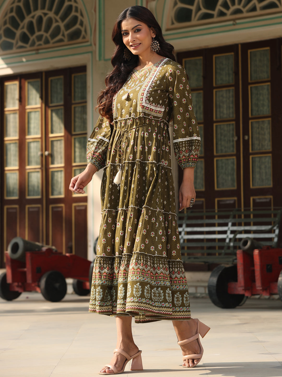 Juniper Women Olive Cotton Cambric Printed Tiered Maxi Dress