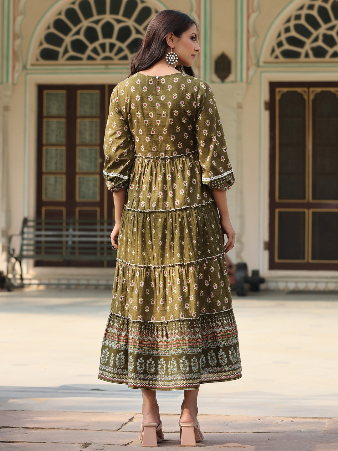 Juniper Women Olive Cotton Cambric Printed Tiered Maxi Dress