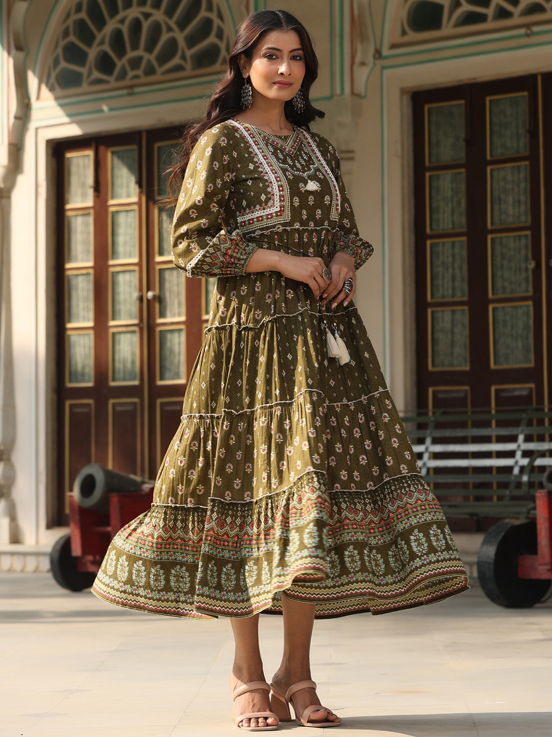 Juniper Women Olive Cotton Cambric Printed Tiered Maxi Dress