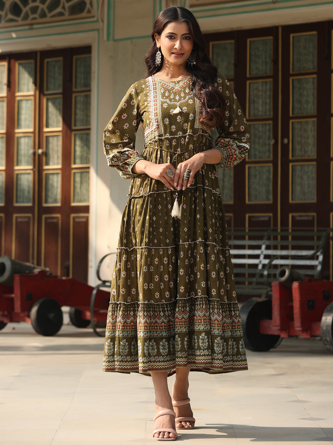 Juniper Women Olive Cotton Cambric Printed Tiered Maxi Dress