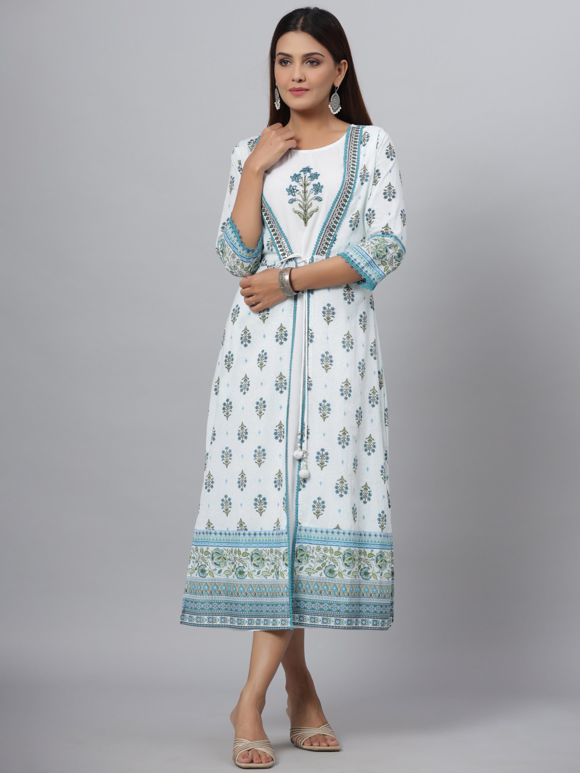 Juniper Women's Blue Printed Embroidered A-Line Kurta
