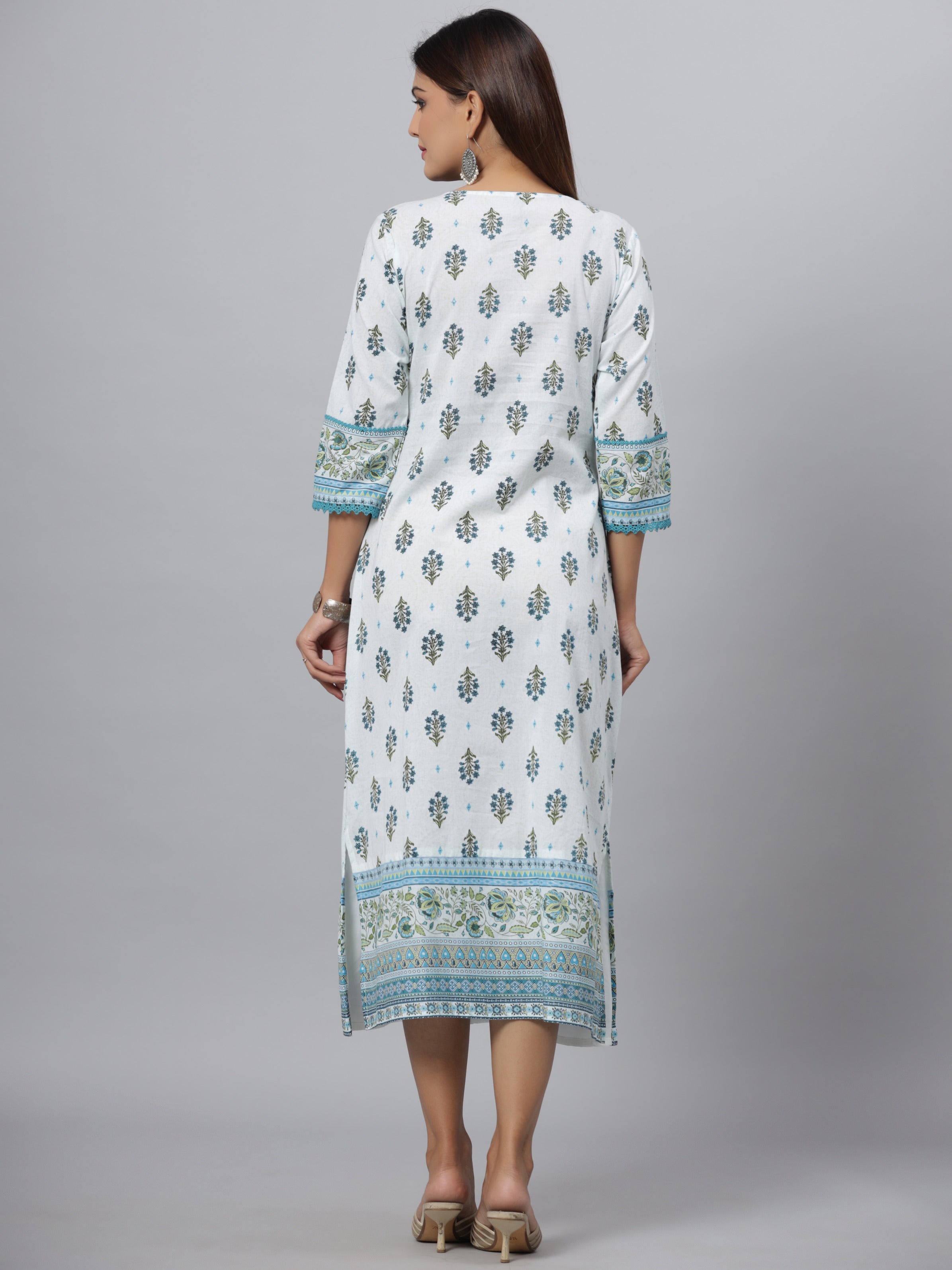 Juniper Women's Blue Printed Embroidered A-Line Kurta