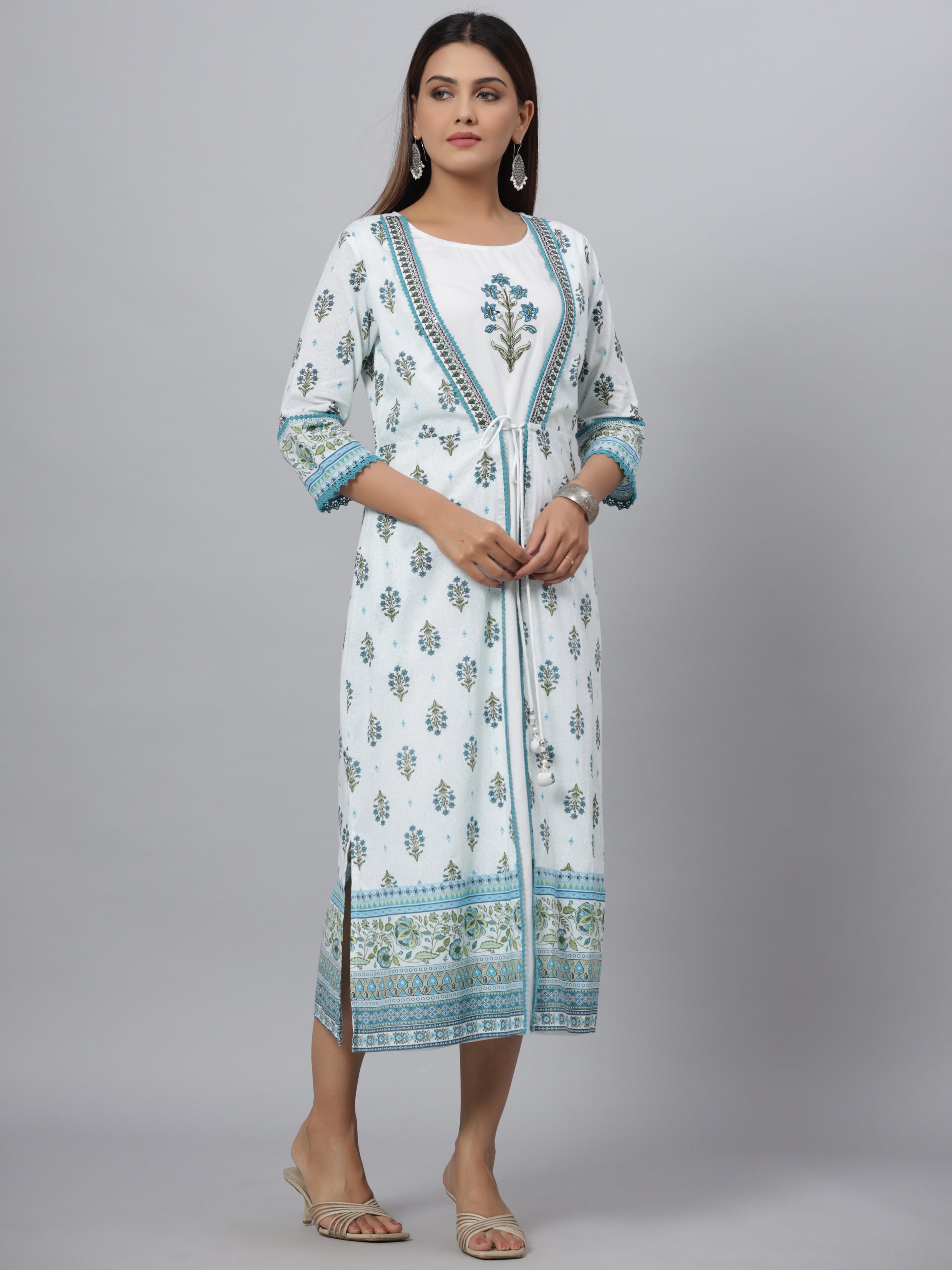 Juniper Women's Blue Printed Embroidered A-Line Kurta
