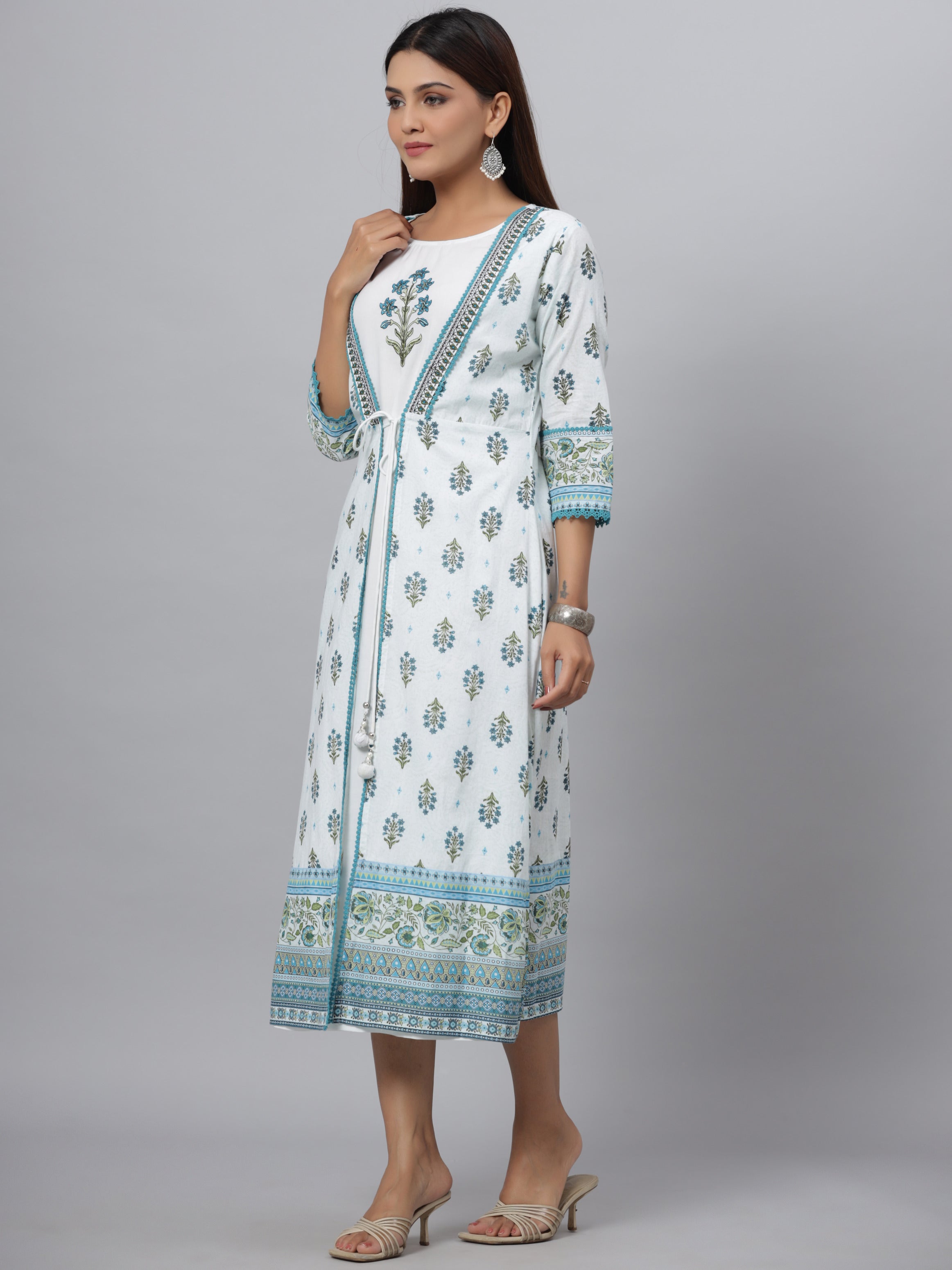 Juniper Women's Blue Printed Embroidered A-Line Kurta