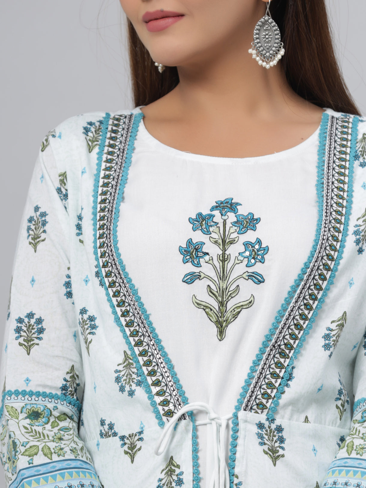 Juniper Women's Blue Printed Embroidered A-Line Kurta