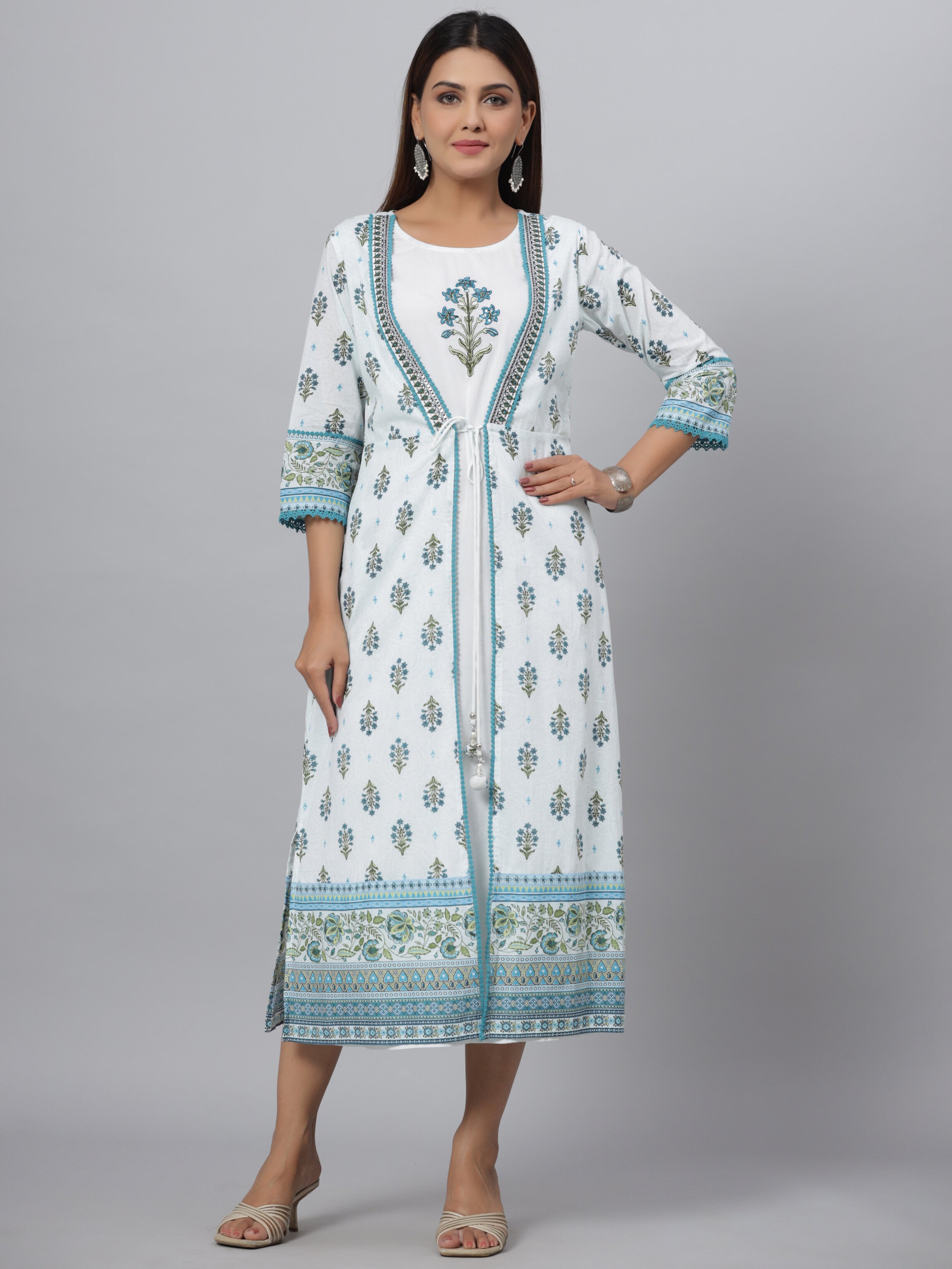 Juniper Women's Blue Printed Embroidered A-Line Kurta