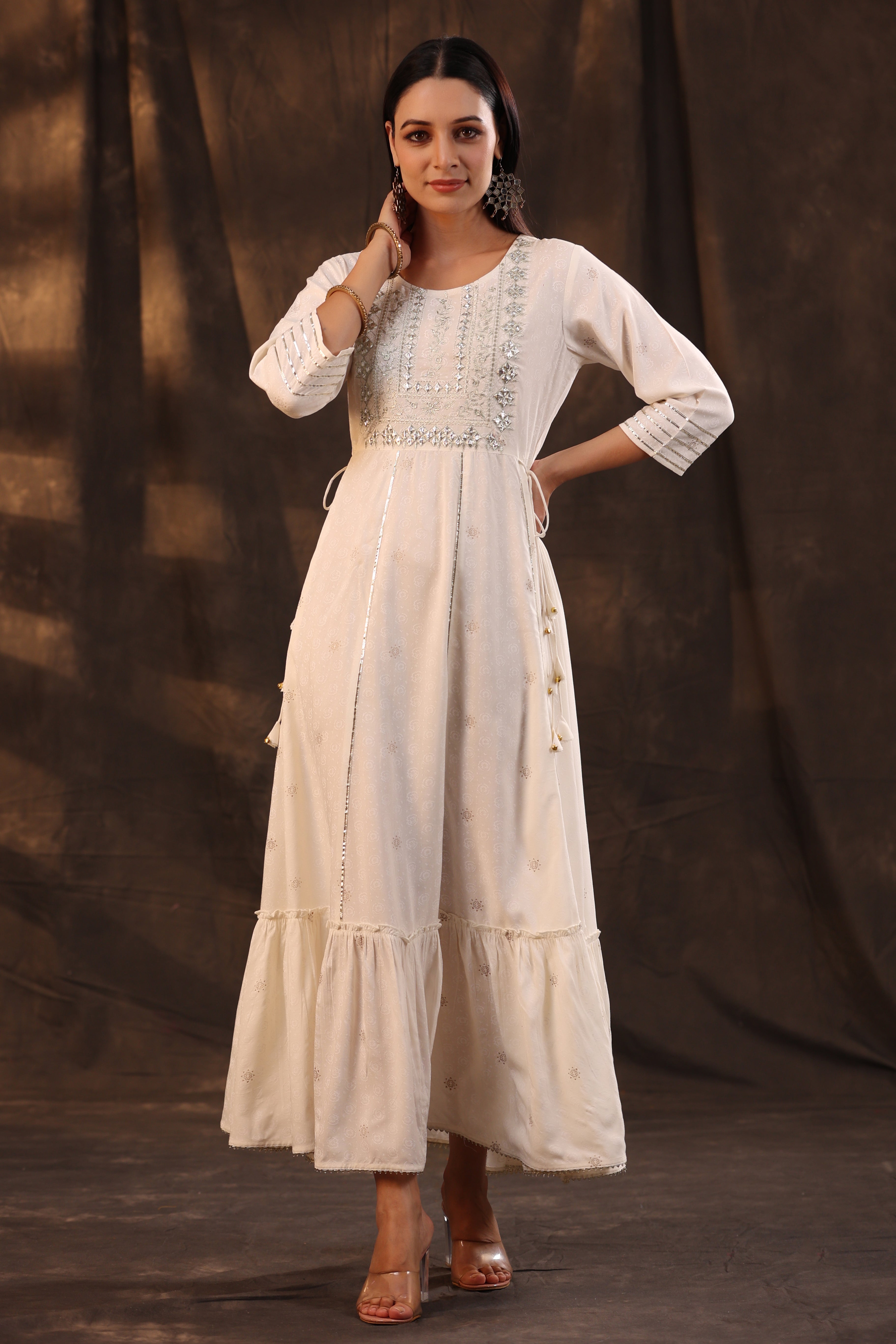 Juniper Women Ivory Rayon Staple Foil Printed Maxi Dress