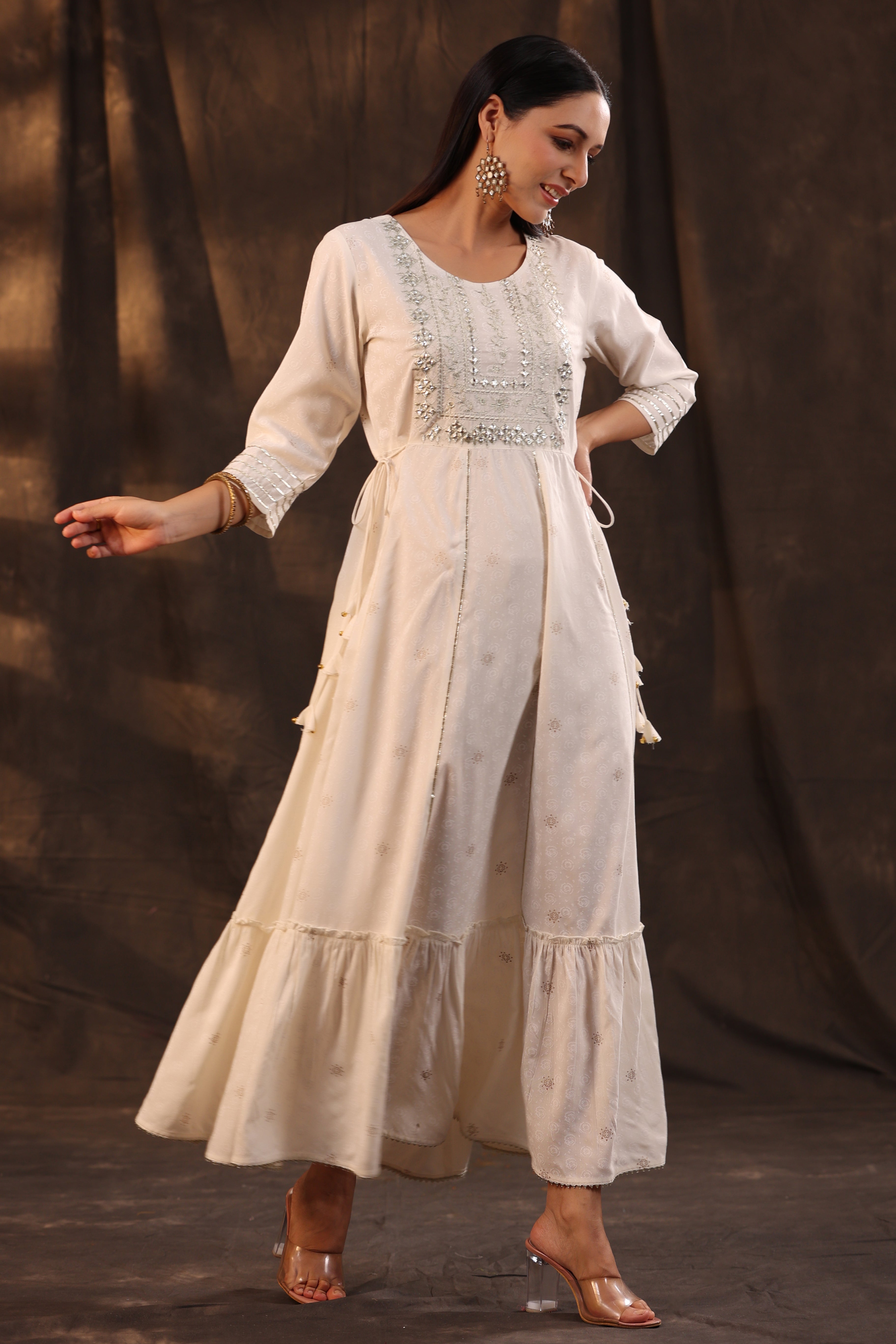 Juniper Women Ivory Rayon Staple Foil Printed Maxi Dress