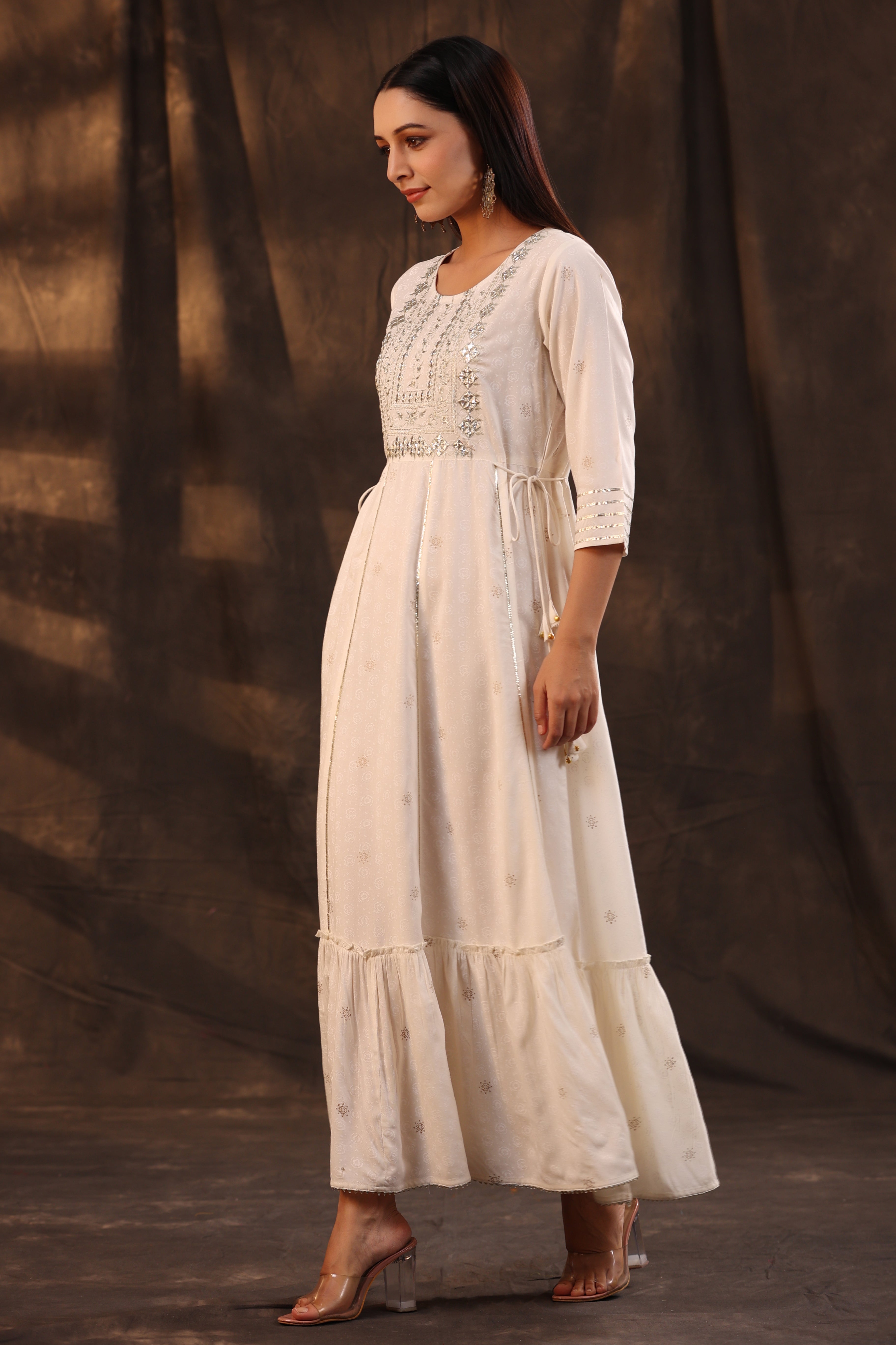 Juniper Women Ivory Rayon Staple Foil Printed Maxi Dress