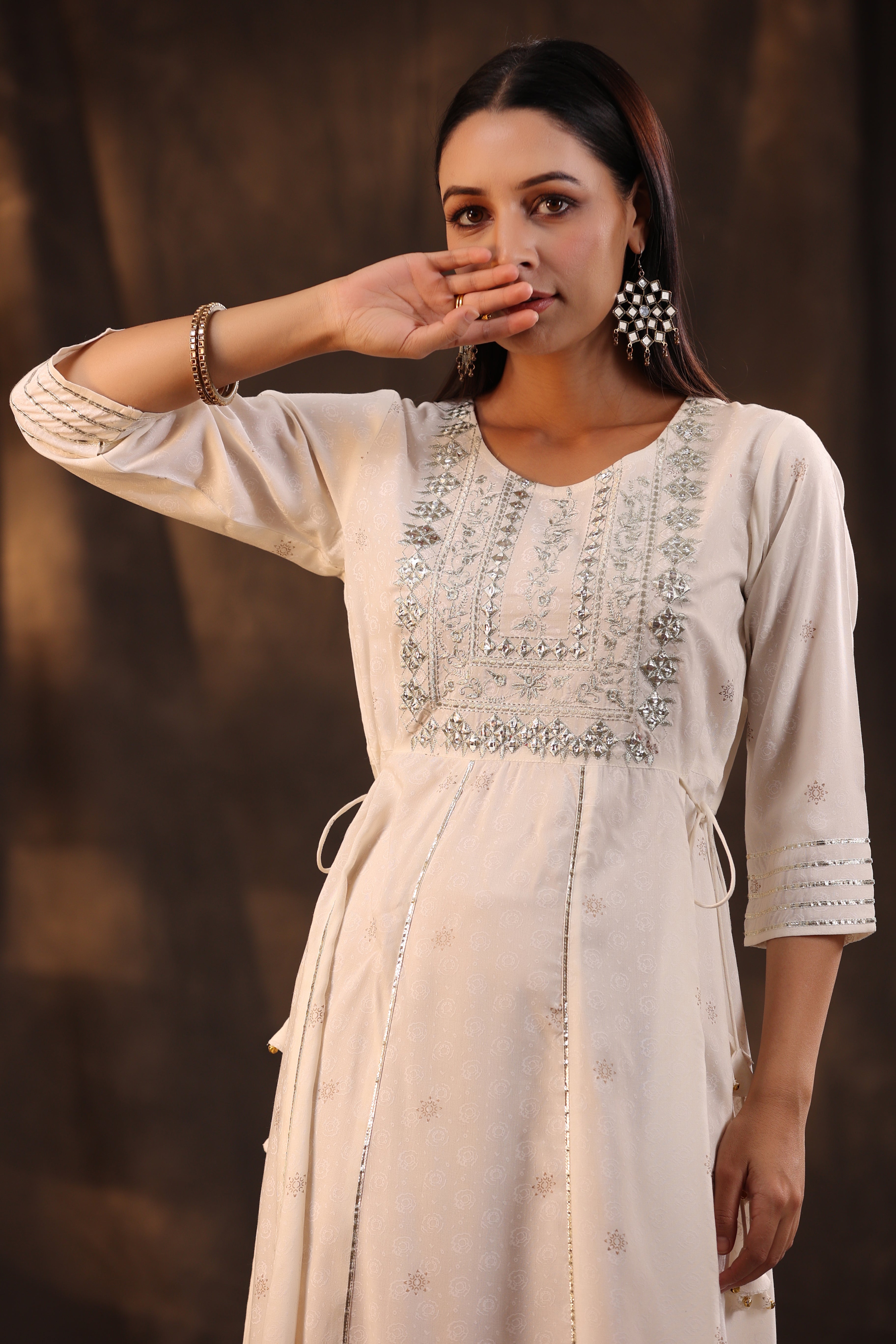 Juniper Women Ivory Rayon Staple Foil Printed Maxi Dress