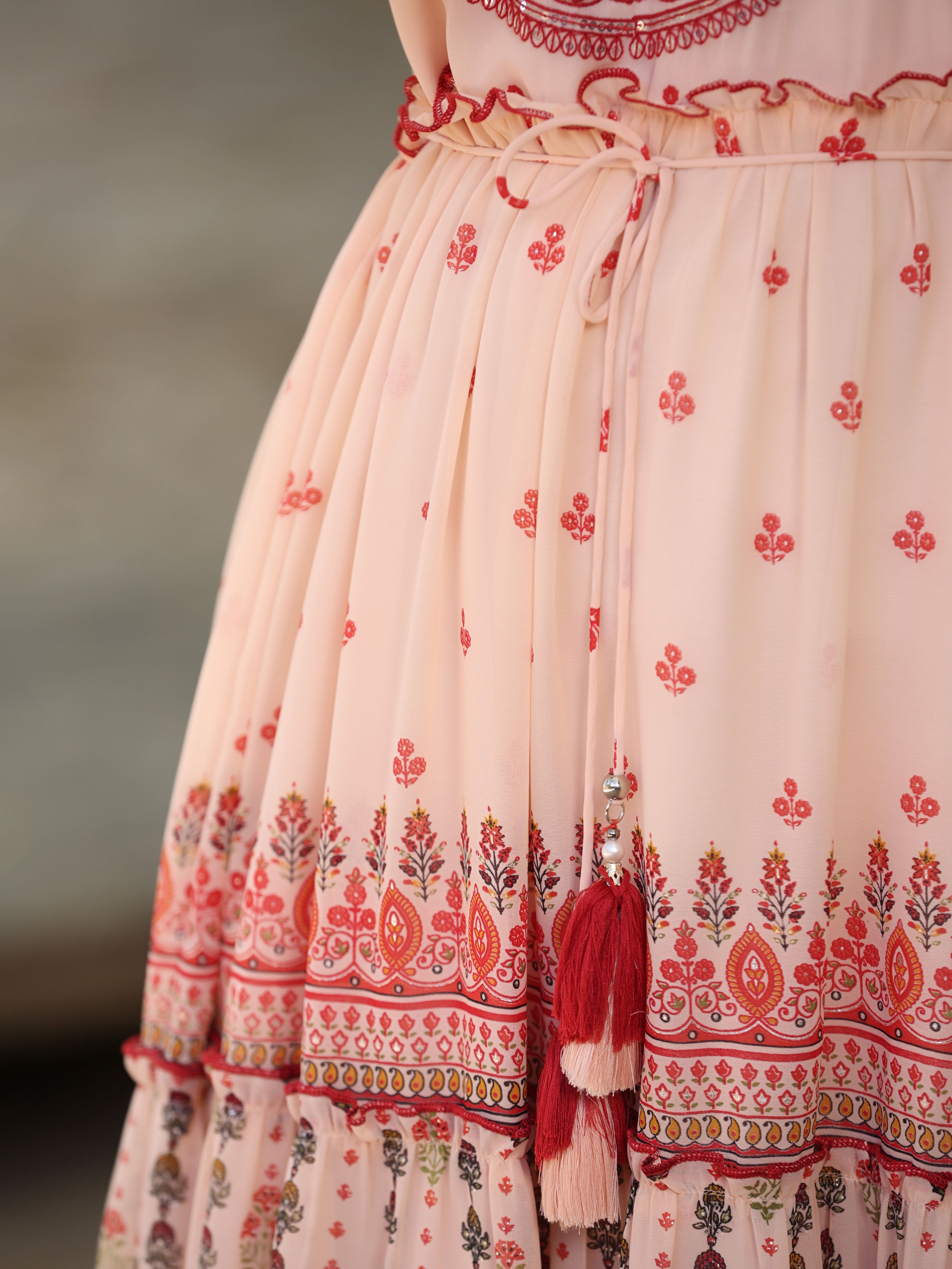 Juniper Women's Peach Georgette Floral Embroidered Maxi Dress