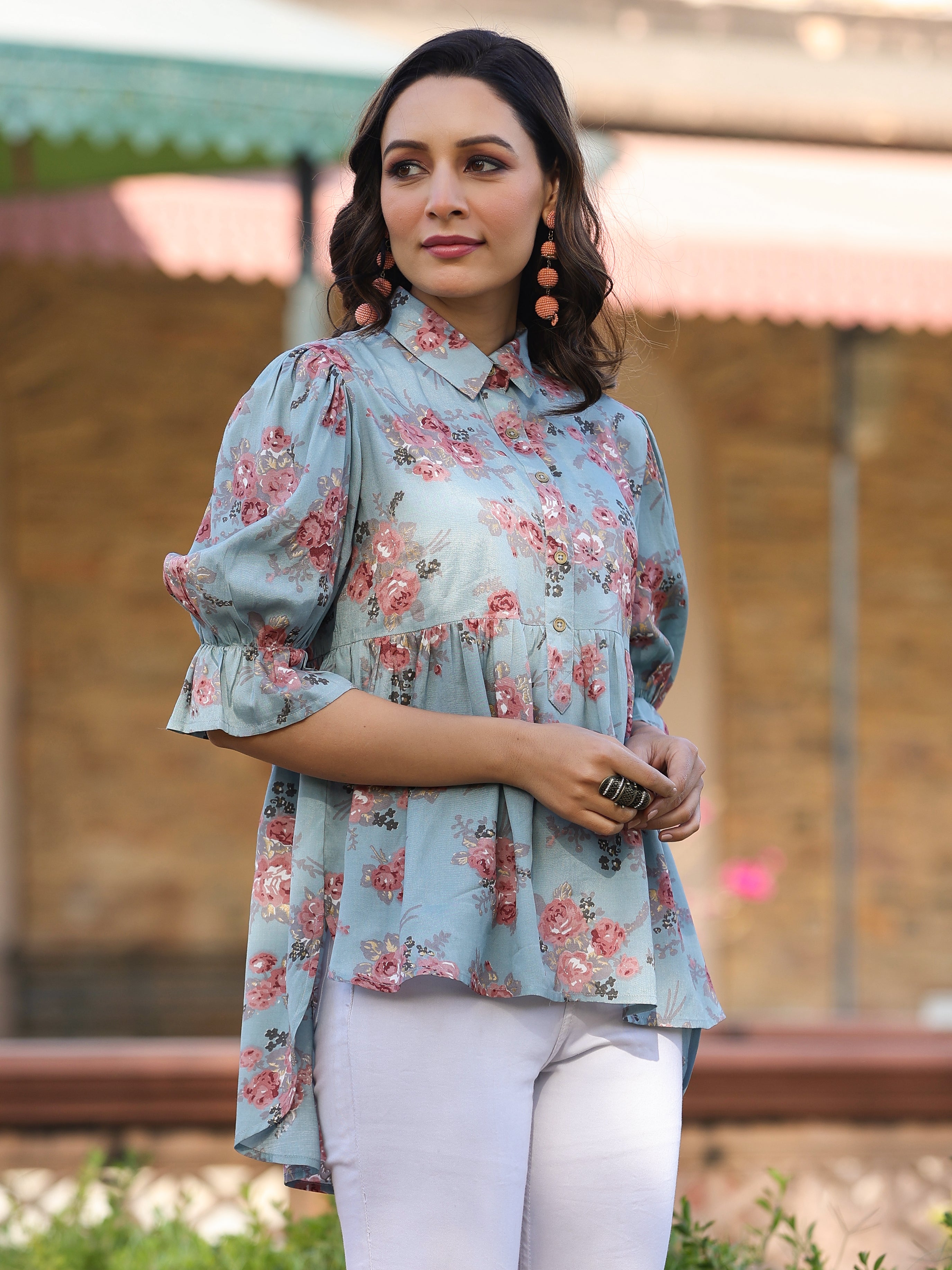 Juniper Women Blue Shantoon Floral Printed High & Low Peplum Tunic