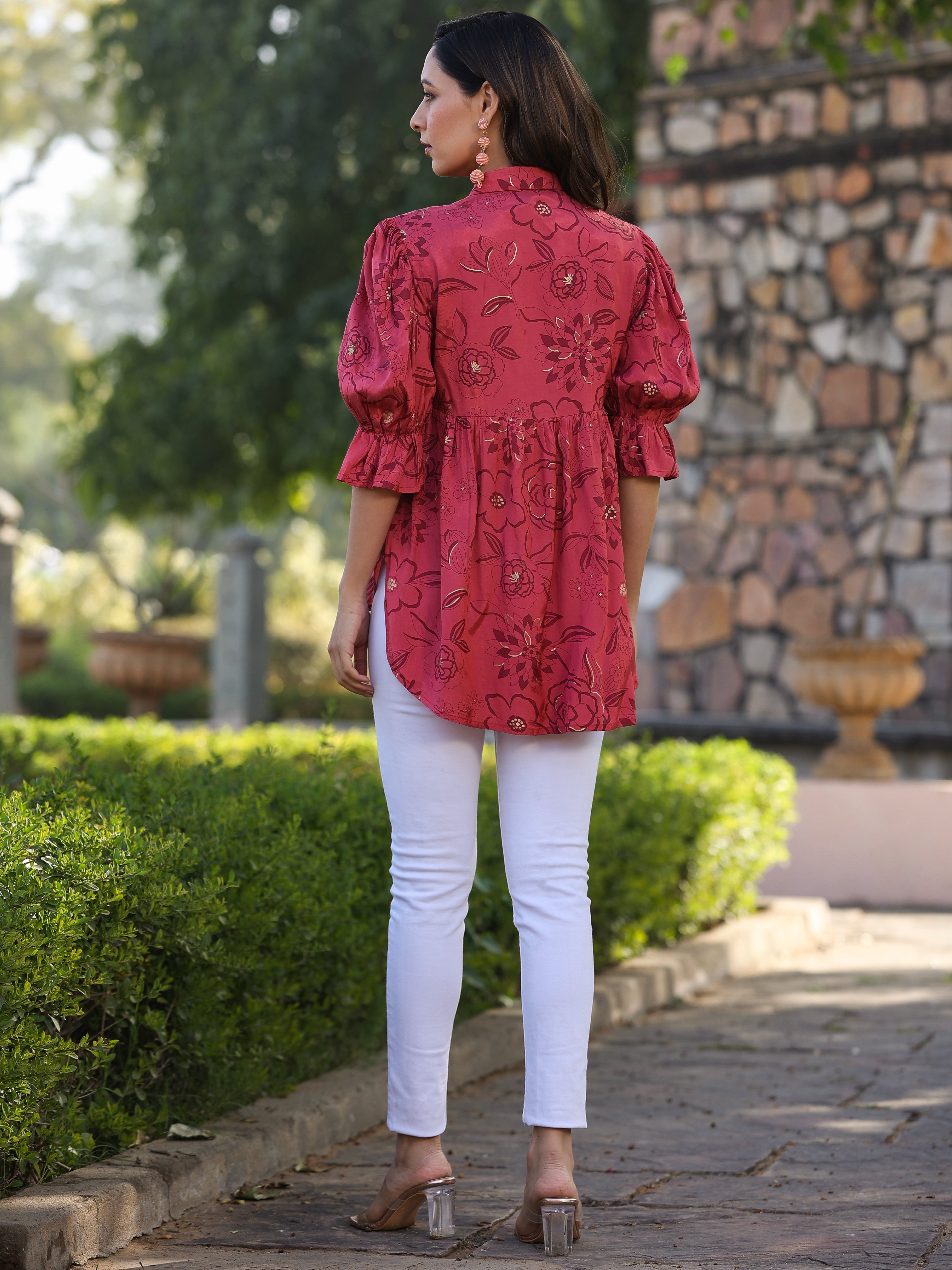 Juniper Women Rust Shantoon Floral Printed High & Low Peplum Tunic