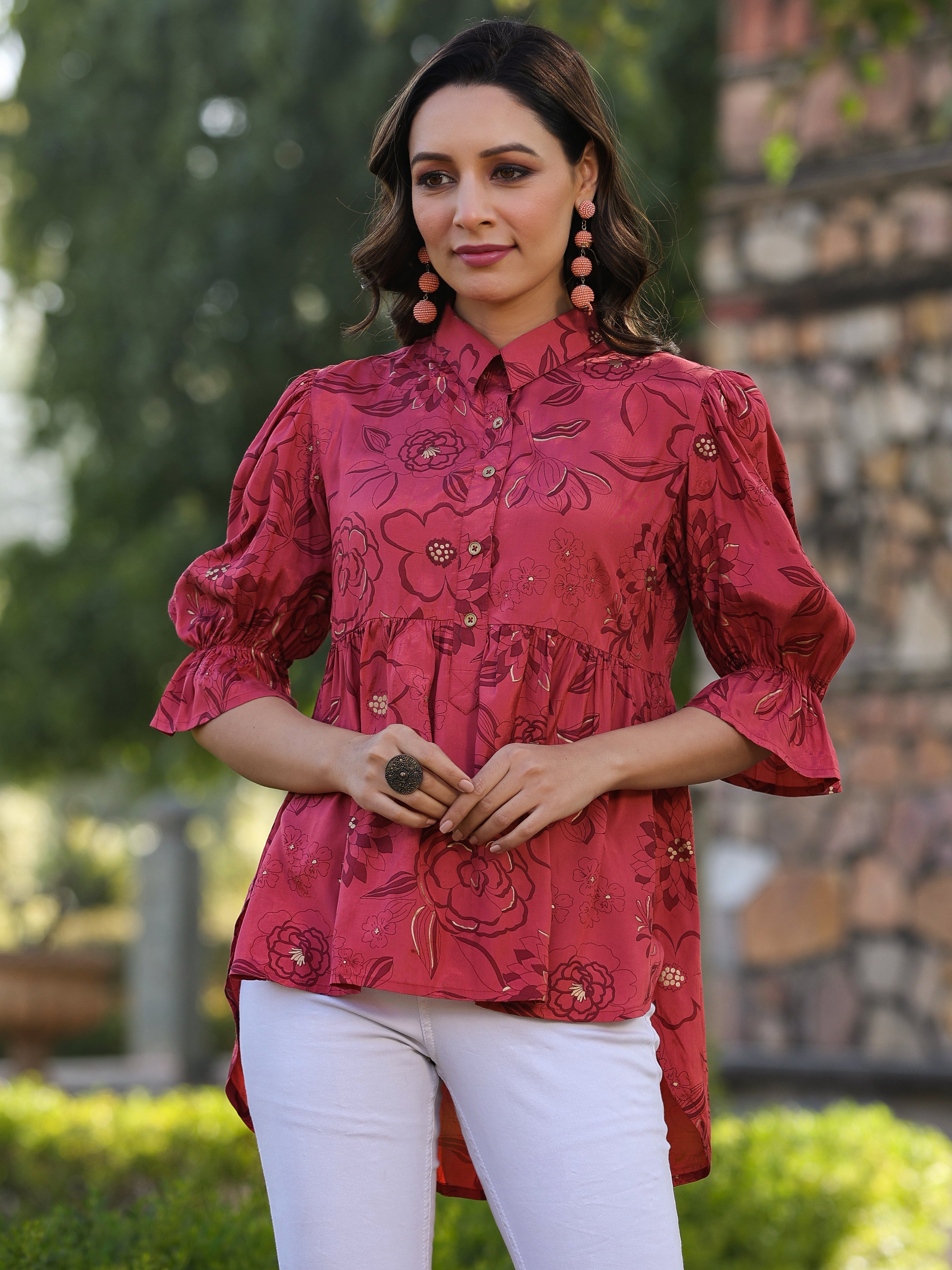 Juniper Women Rust Shantoon Floral Printed High & Low Peplum Tunic