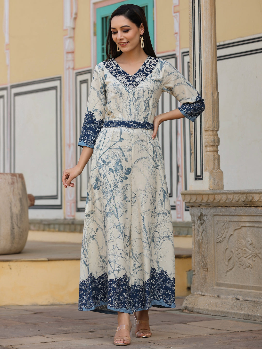 Juniper Women's Off-White Rayon Staple Printed With Embroidery Flared Jumpsuit