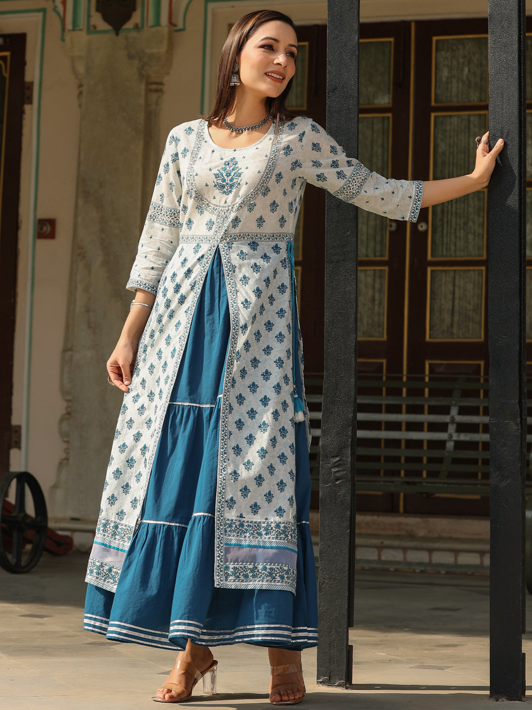 Juniper Women White Cotton Cambric Block Look Printed Layered Maxi Dress