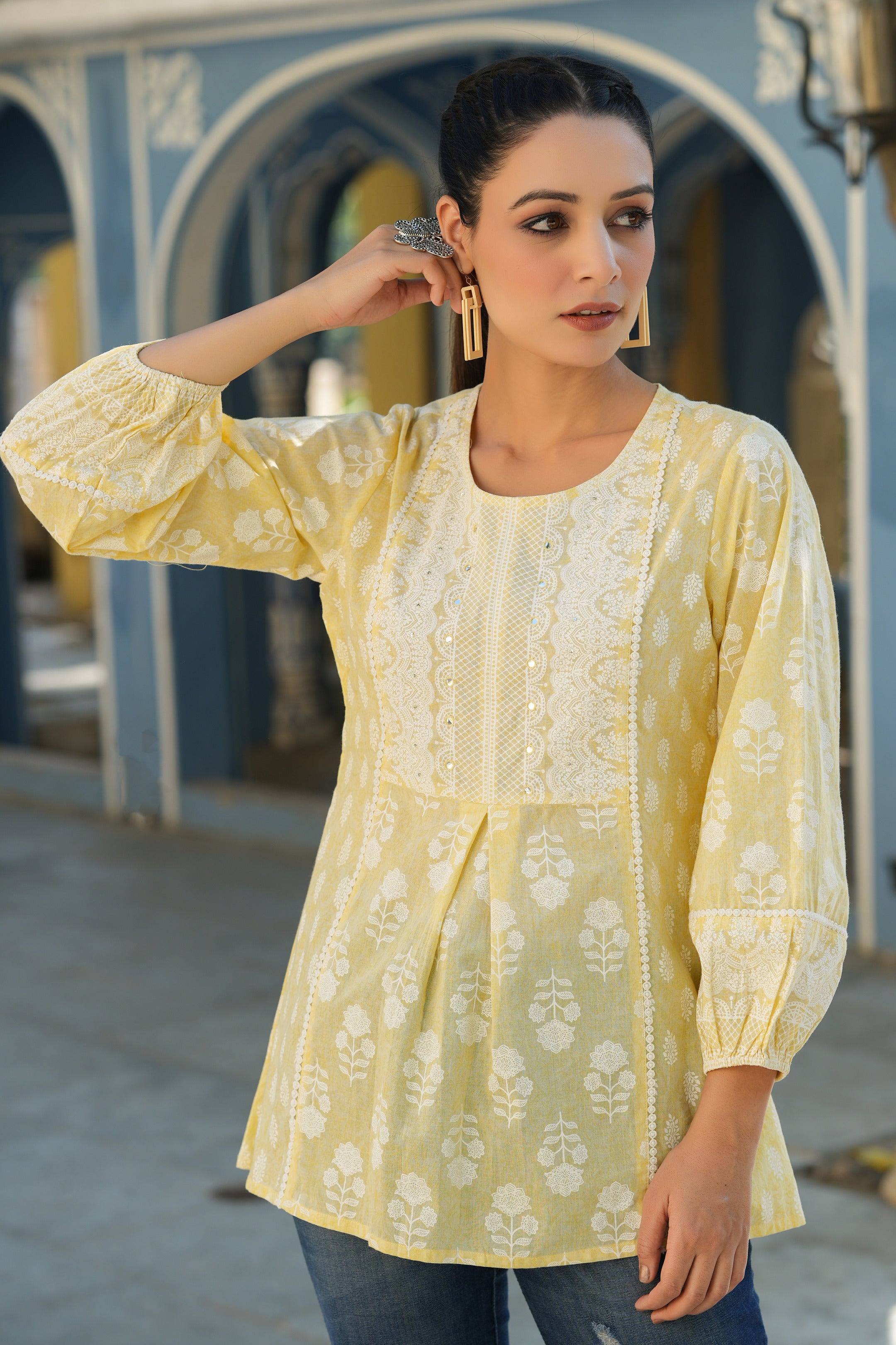 Juniper Women Yellow Cambric Floral Printed Tunic