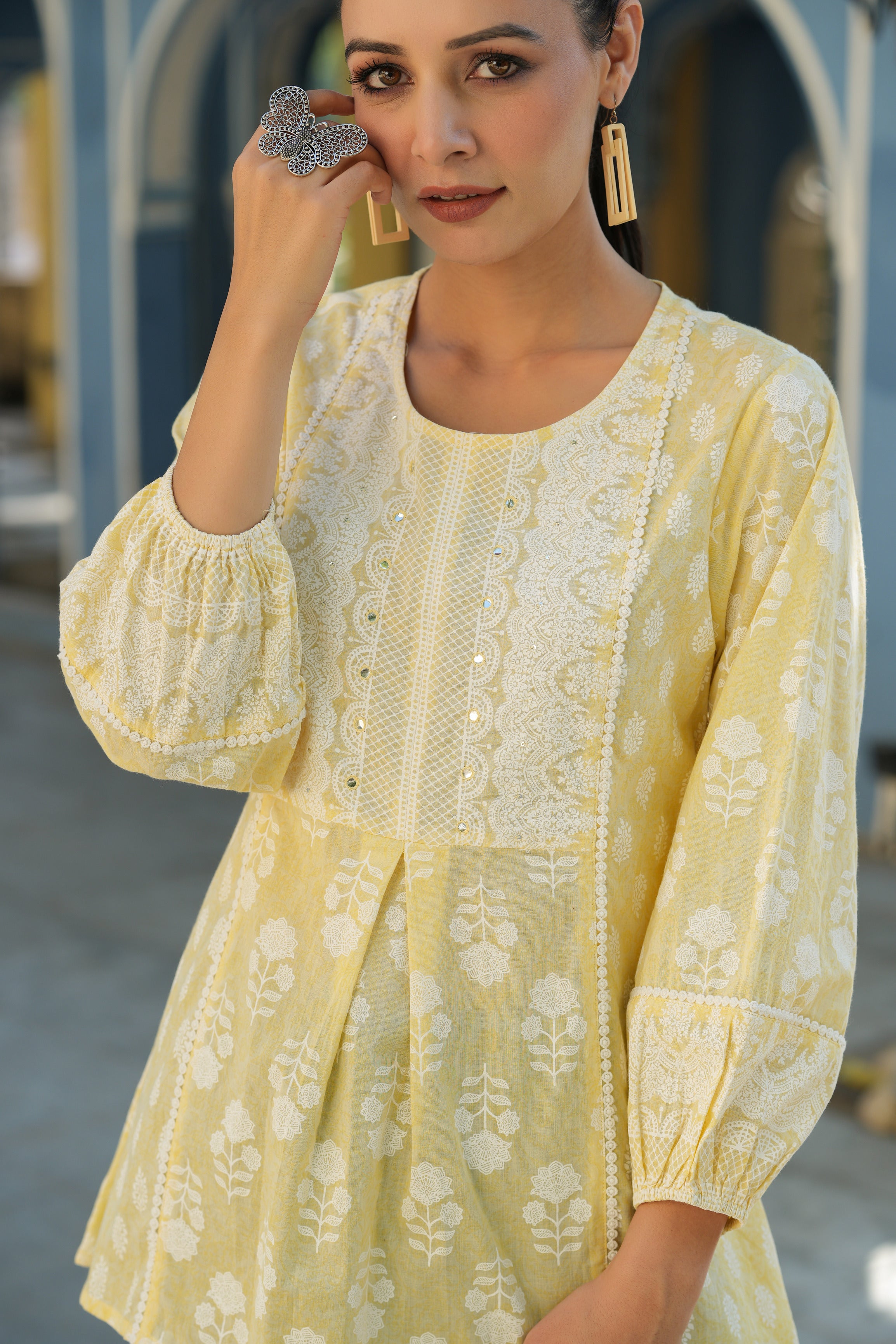 Juniper Women Yellow Cambric Floral Printed Tunic