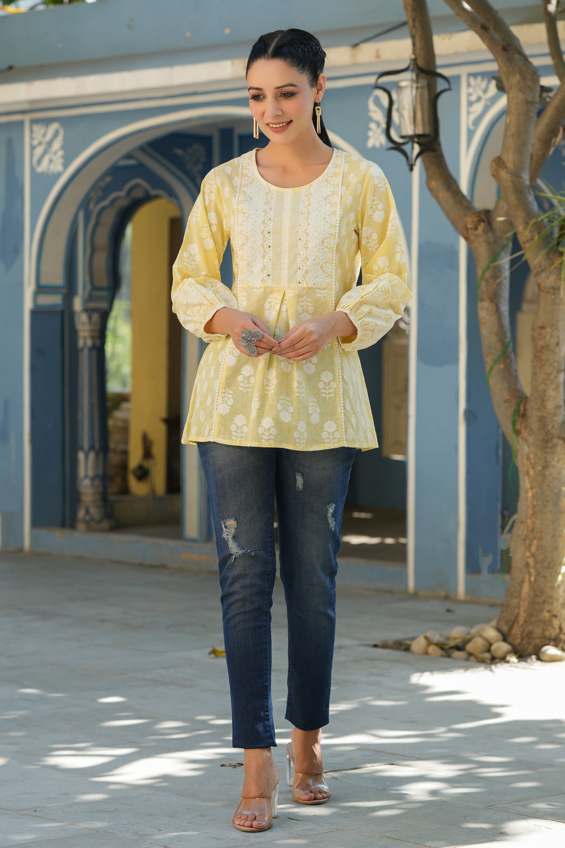 Juniper Women Yellow Cambric Floral Printed Tunic