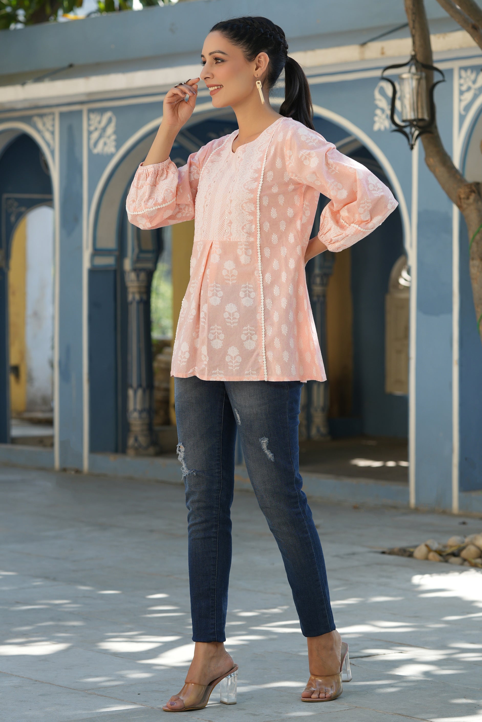 Juniper Women's Peach Cambric Placement Floral Printed Tunic
