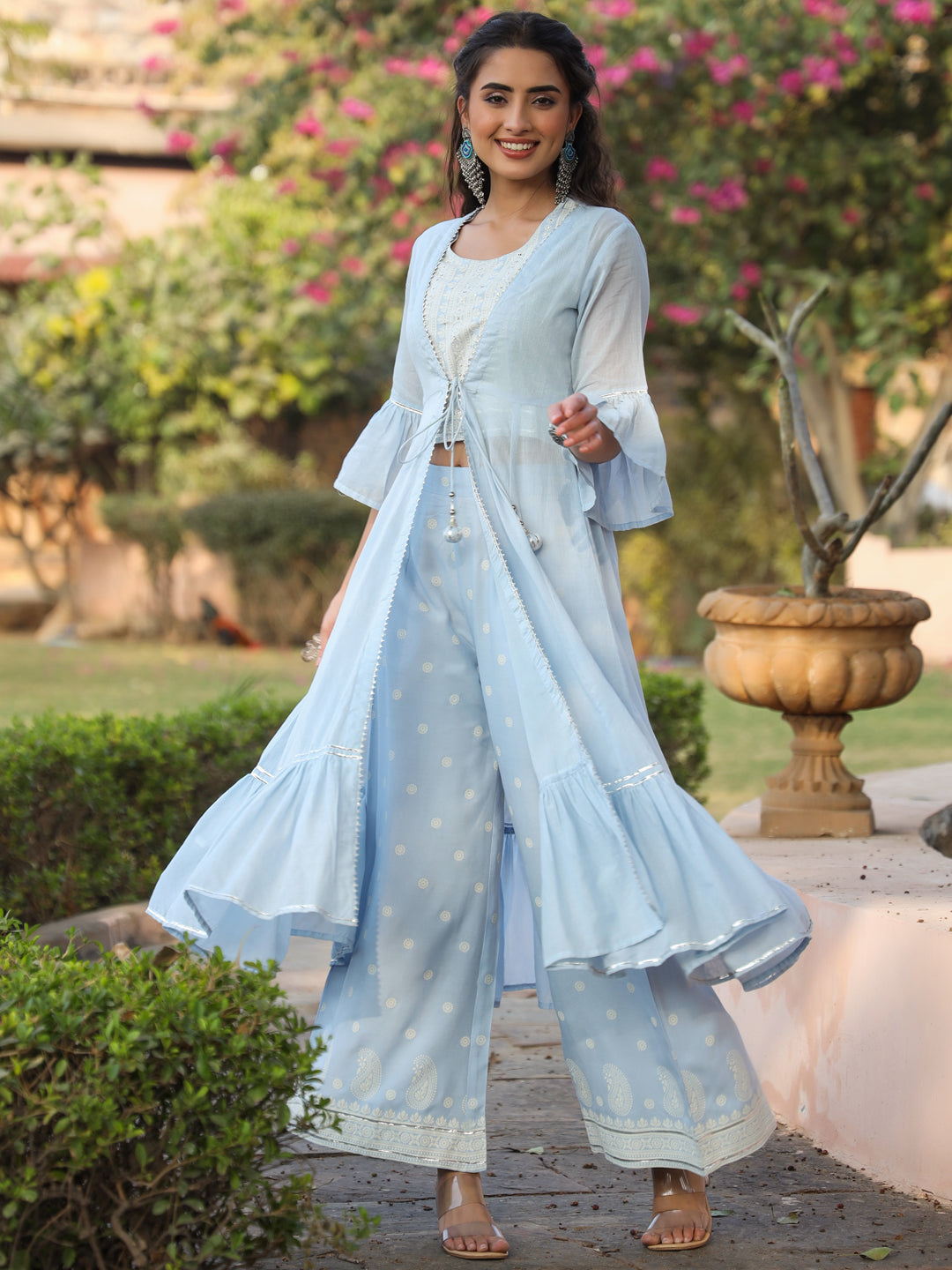 Juniper Powder blue Ethnic Motif printed rayon Crop Top Palazzo & Shrug With Beads & Sequins Work