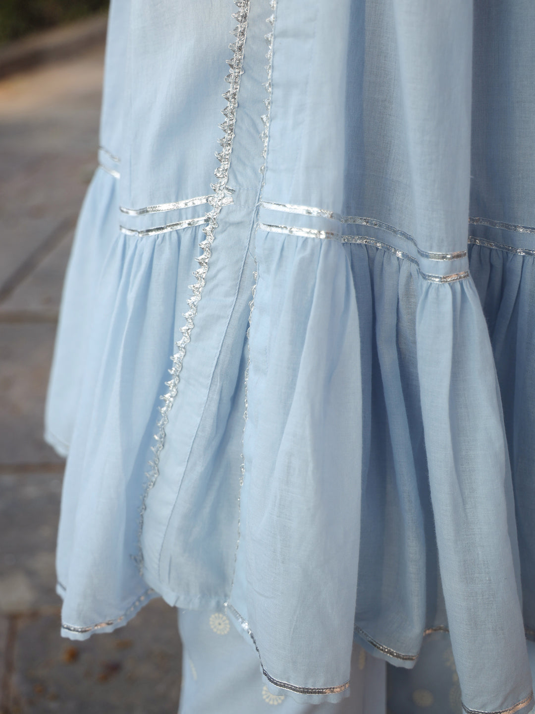 Juniper Powder blue Ethnic Motif printed rayon Crop Top Palazzo & Shrug With Beads & Sequins Work