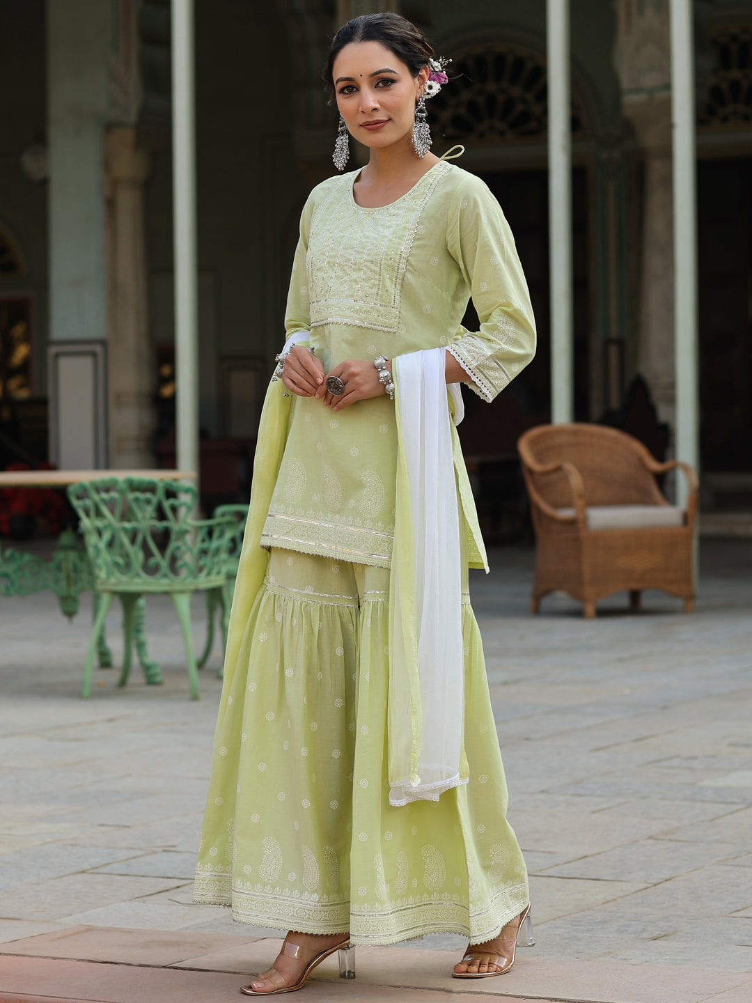 Juniper Women's Lime Green Cambric Floral Print Kurta Sharara & Dupatta Set