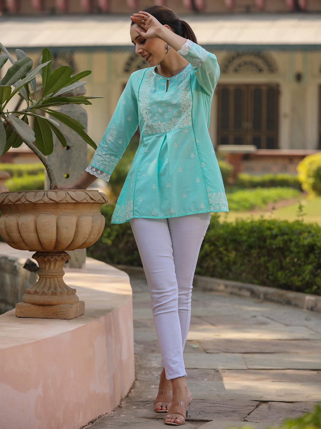 Juniper Women’s Aqua Cambric Floral Printed Tunic