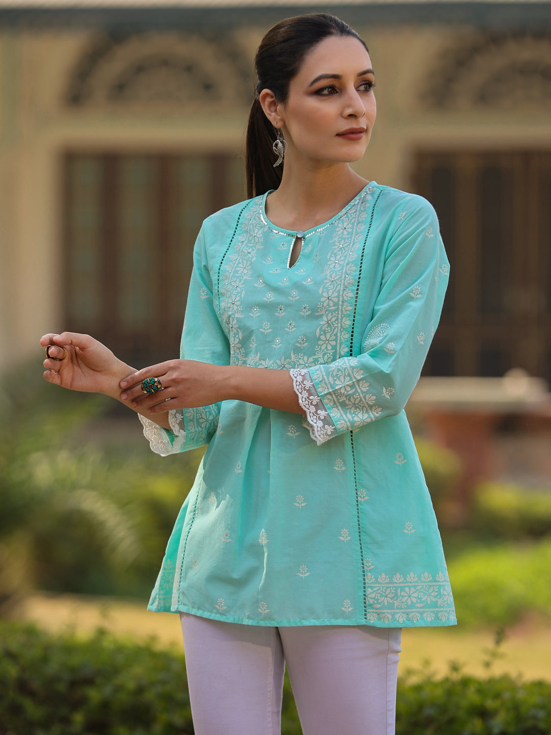 Juniper Women’s Aqua Cambric Floral Printed Tunic