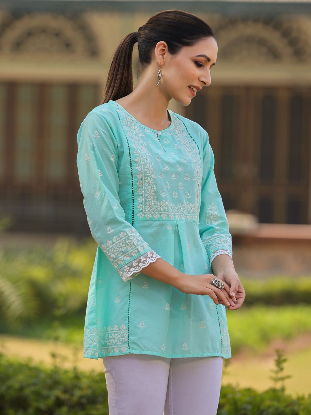 Juniper Women’s Aqua Cambric Floral Printed Tunic