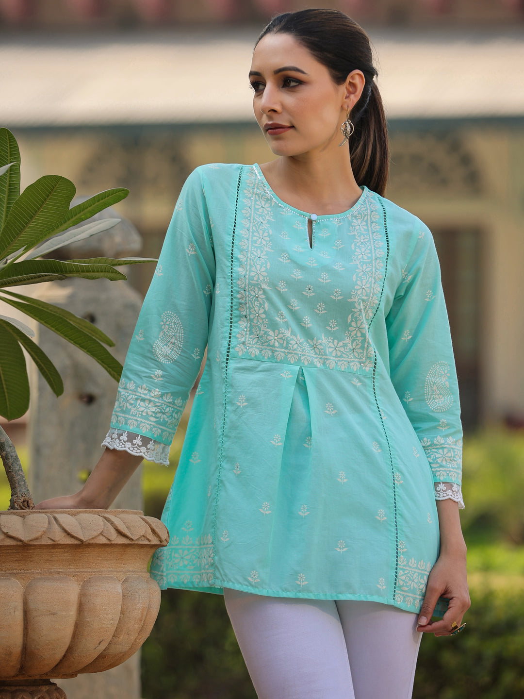 Juniper Women’s Aqua Cambric Floral Printed Tunic