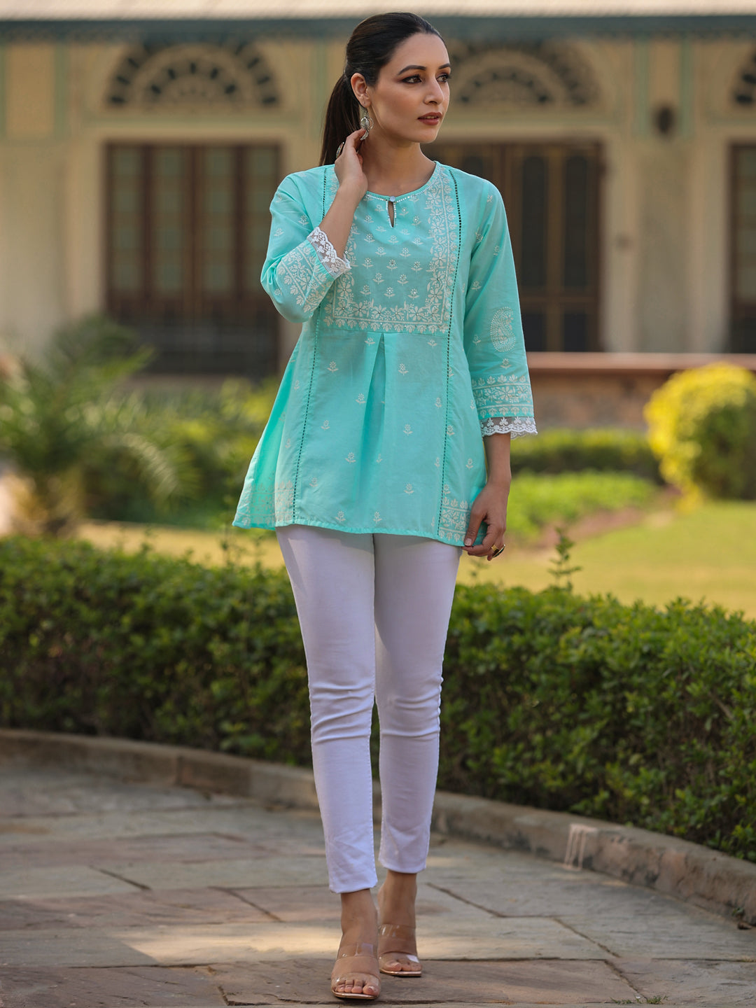 Juniper Women’s Aqua Cambric Floral Printed Tunic