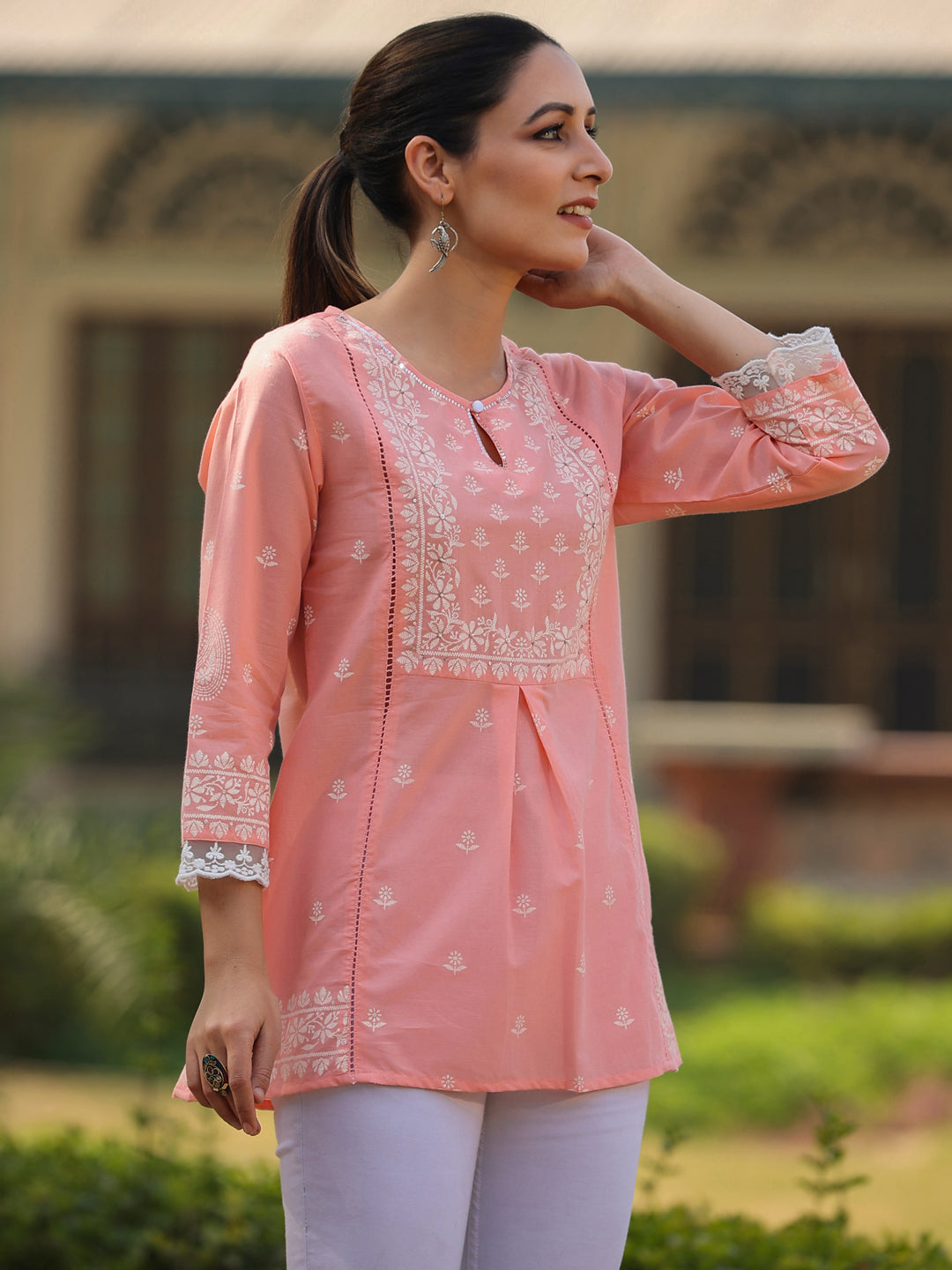 Juniper Women’s Peach Cambric Floral Printed Tunic