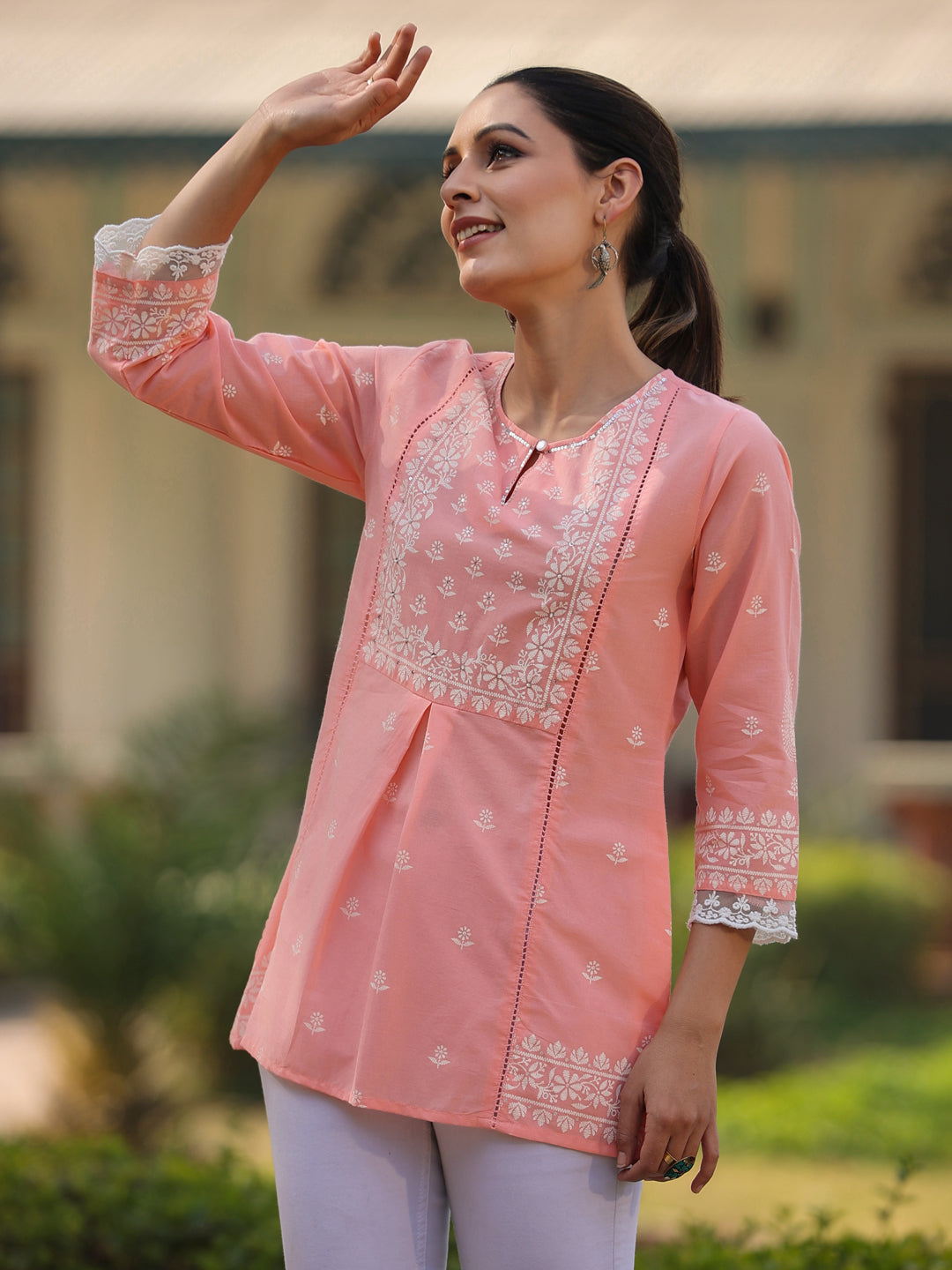Juniper Women’s Peach Cambric Floral Printed Tunic