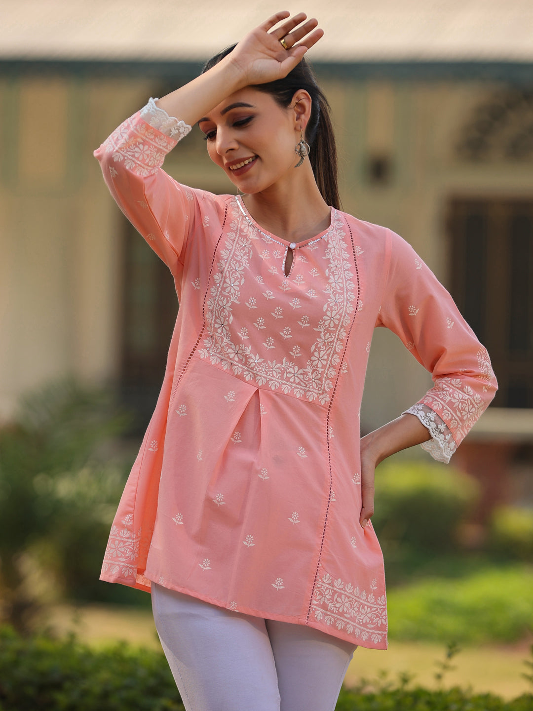 Juniper Women’s Peach Cambric Floral Printed Tunic