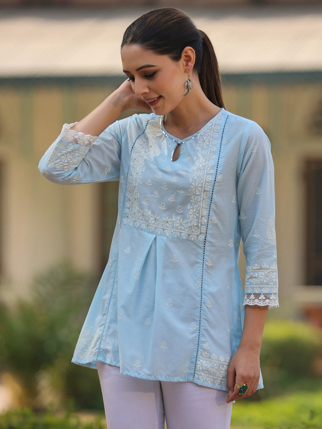 Juniper Women’s Powderblue Cambric Floral Printed Tunic
