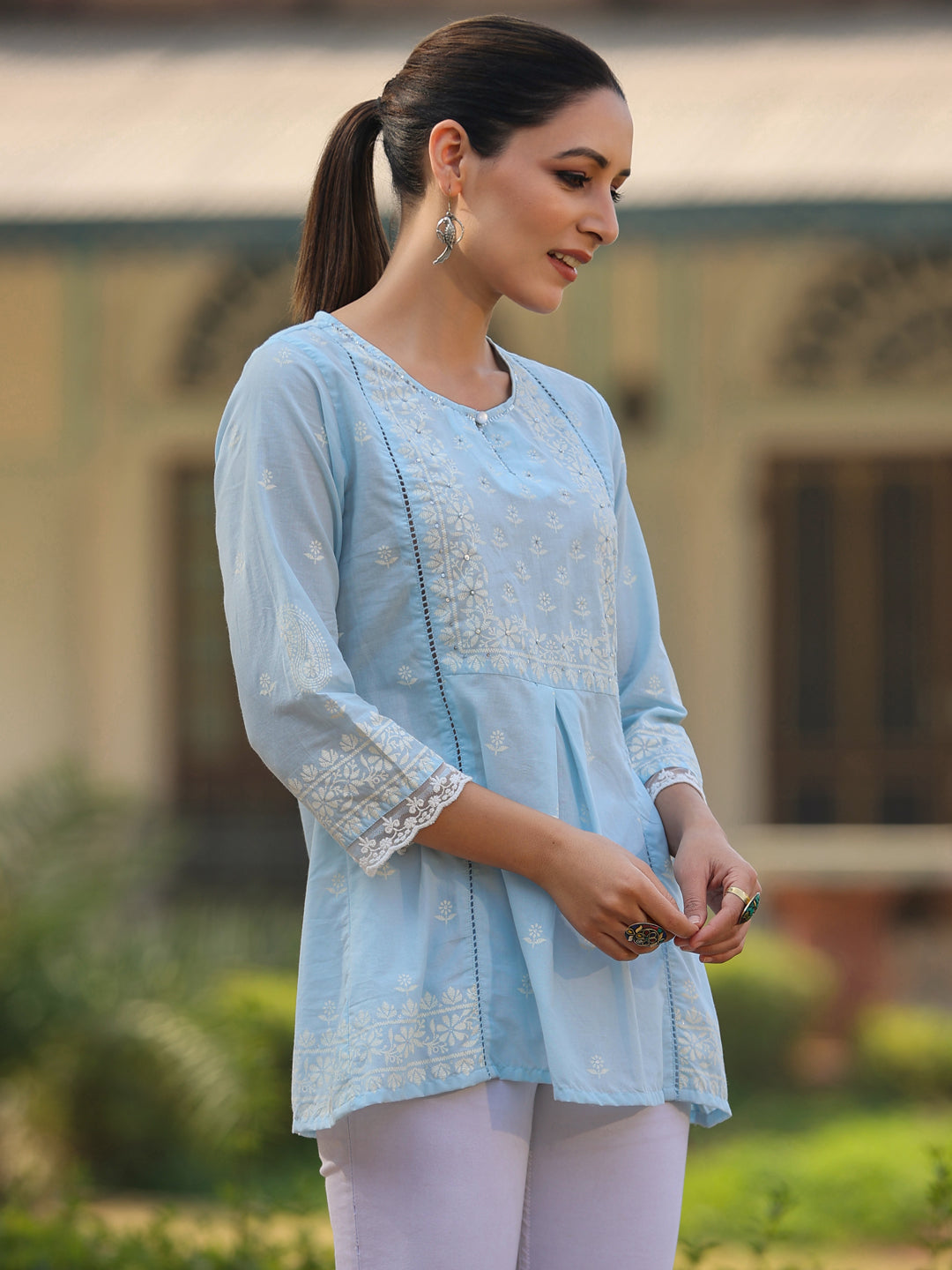 Juniper Women’s Powderblue Cambric Floral Printed Tunic
