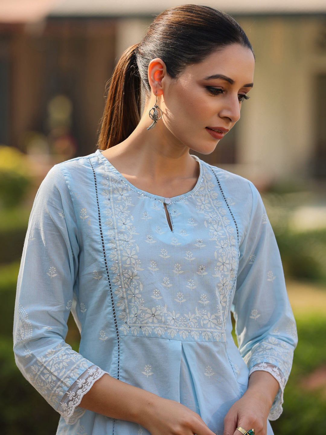 Juniper Women’s Powderblue Cambric Floral Printed Tunic
