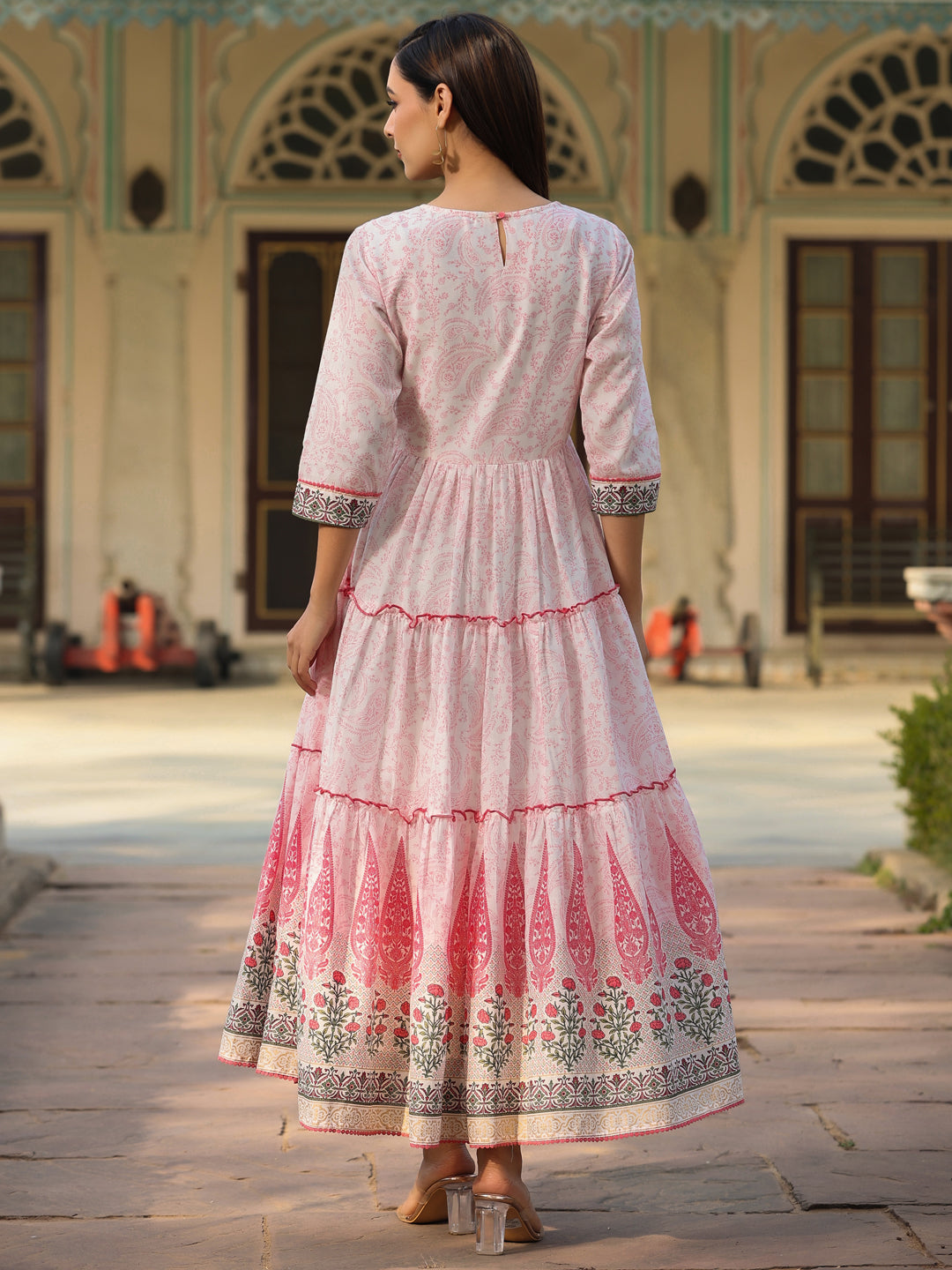 Juniper Women Baby Pink Cotton Voile printed Tiered Maxi Dress