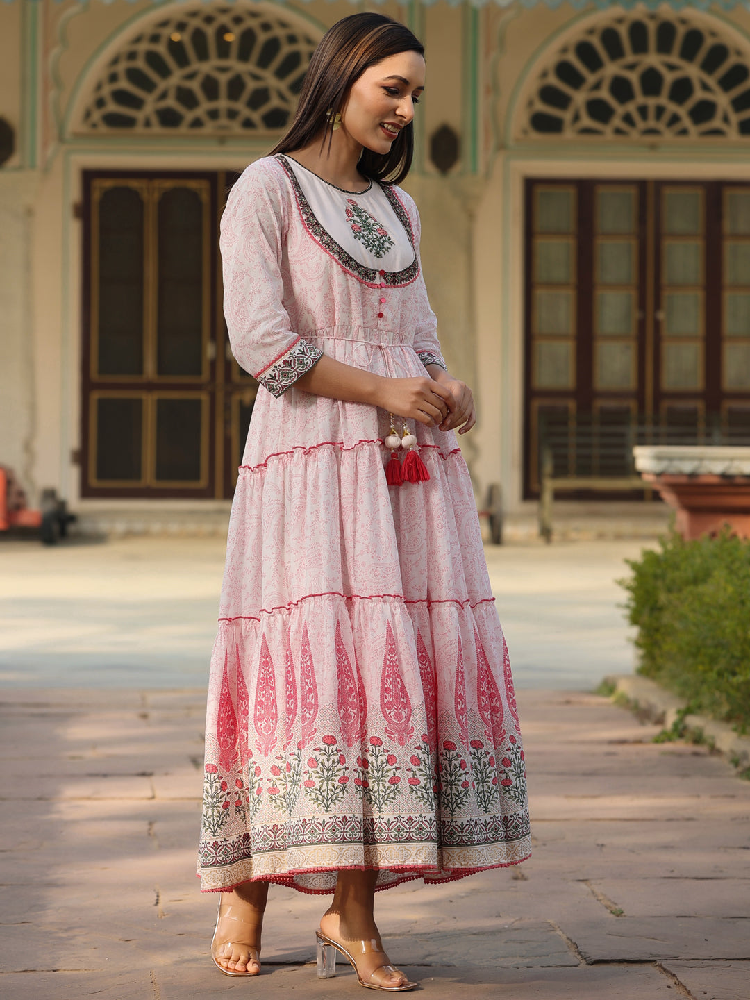 Juniper Women Baby Pink Cotton Voile printed Tiered Maxi Dress