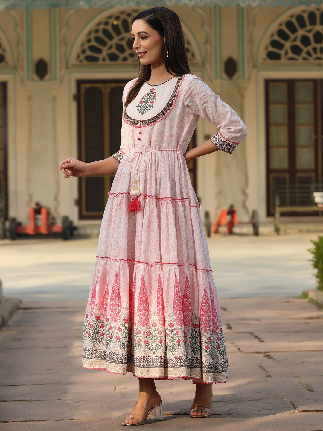 Juniper Women Baby Pink Cotton Voile printed Tiered Maxi Dress