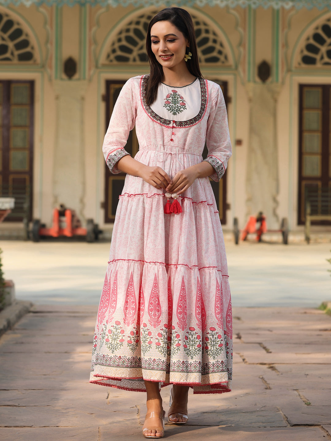 Juniper Women Baby Pink Cotton Voile printed Tiered Maxi Dress
