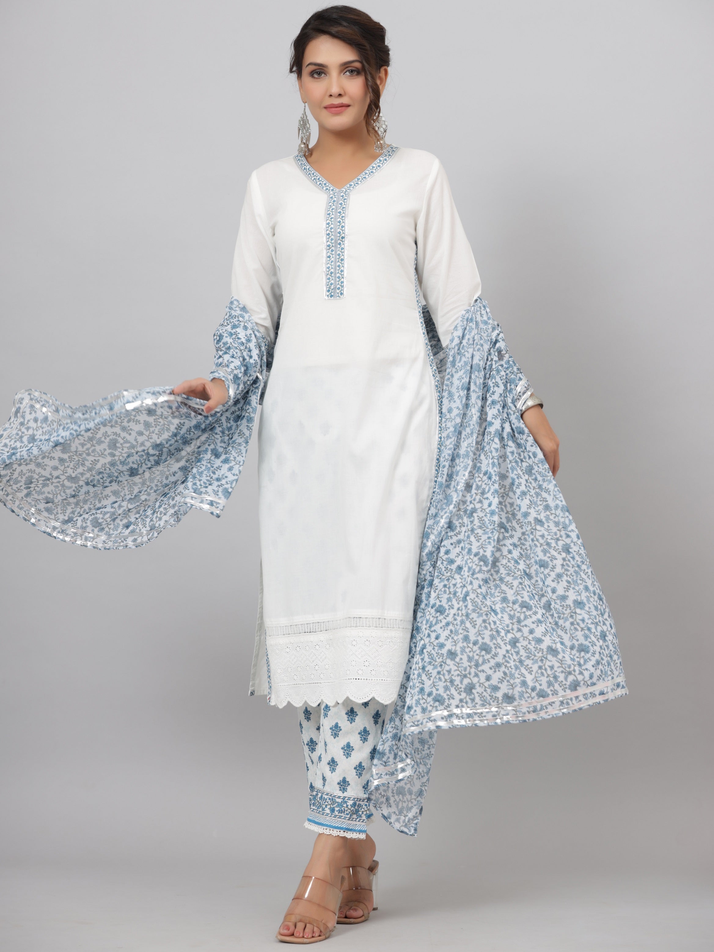 Juniper Women's White Cotton Cambric Solid Kurta Floral Printed Pant & Dupatta Set