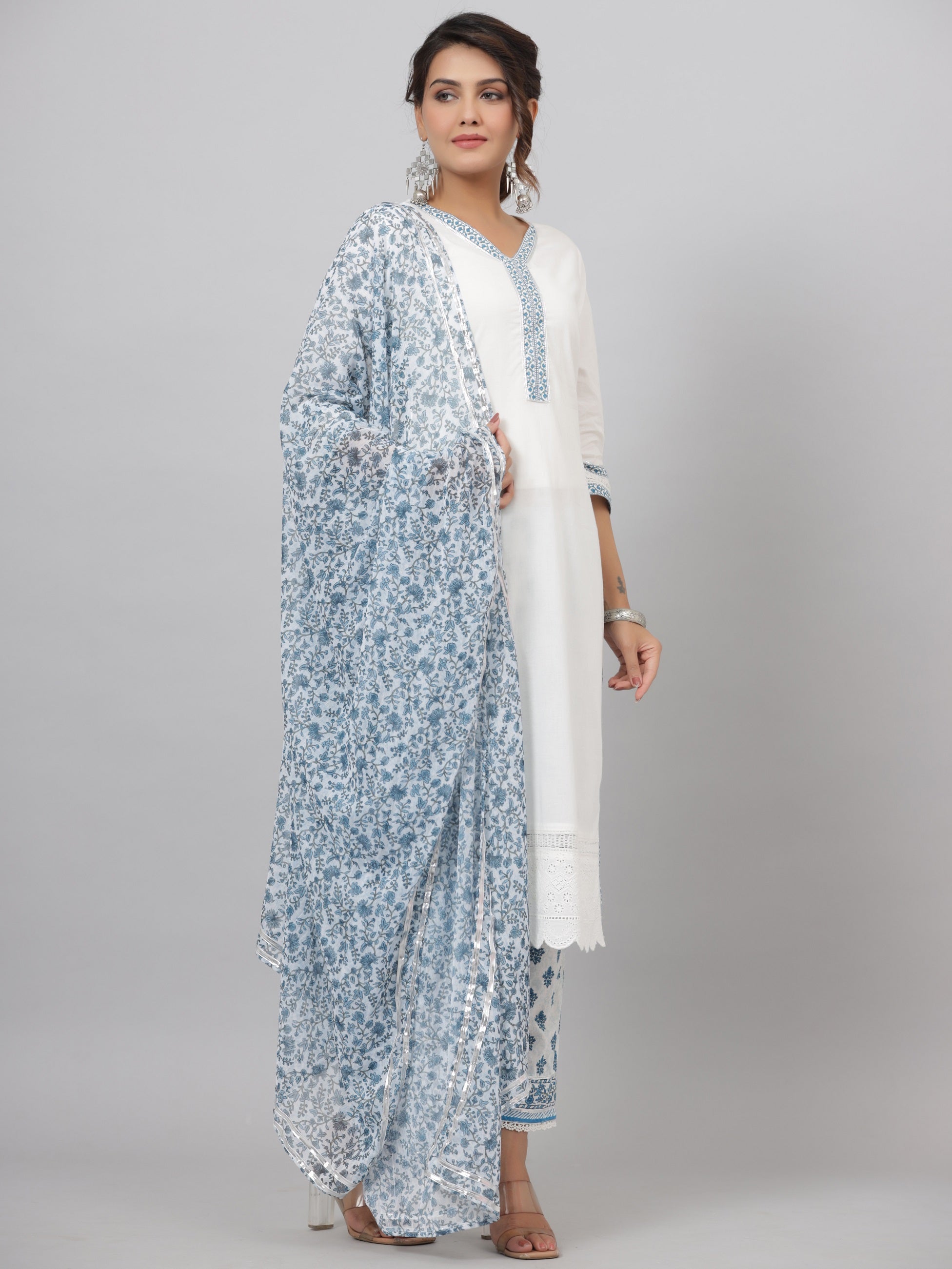 Juniper Women's White Cotton Cambric Solid Kurta Floral Printed Pant & Dupatta Set