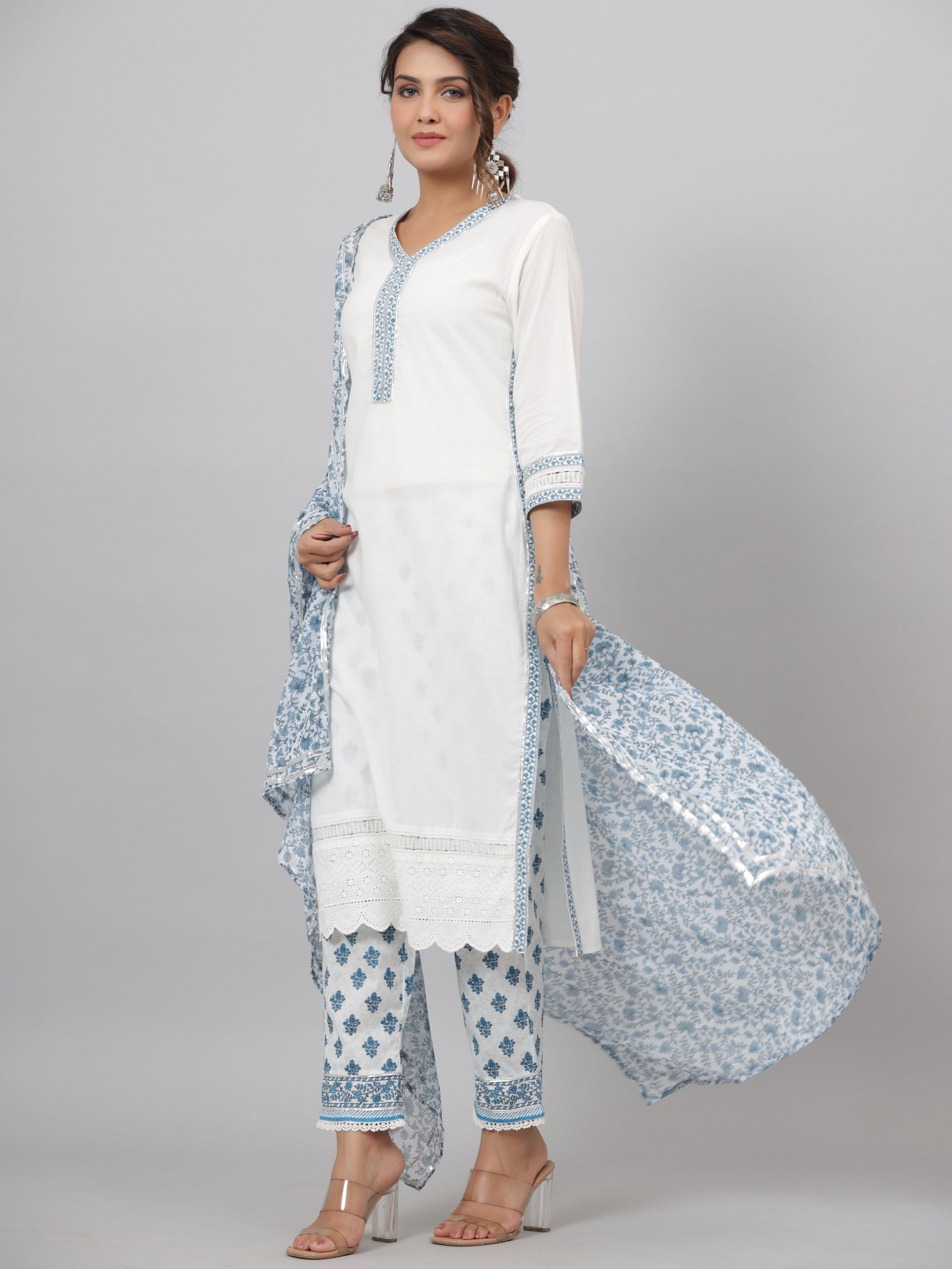 Juniper Women's White Cotton Cambric Solid Kurta Floral Printed Pant & Dupatta Set