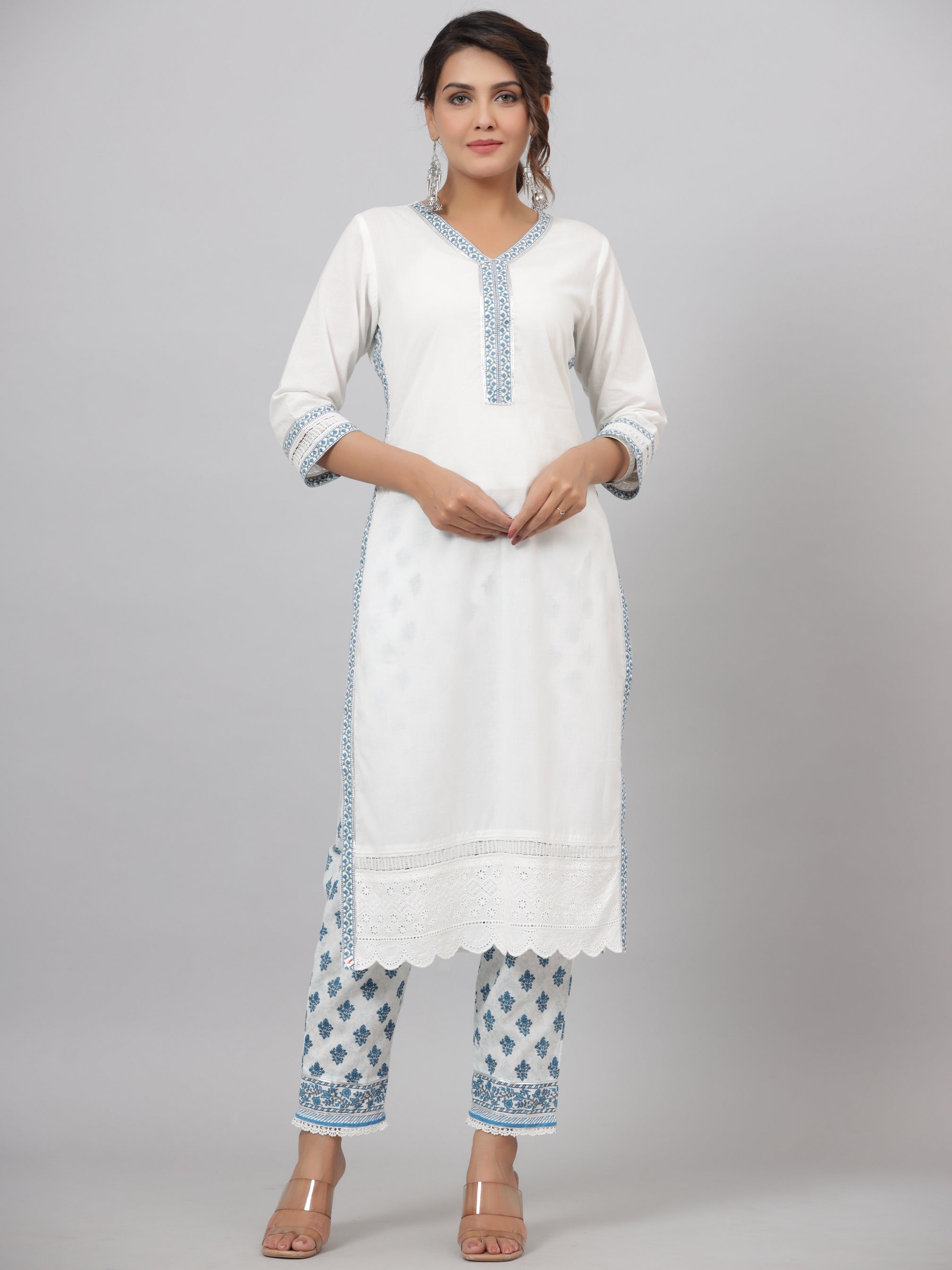 Juniper Women's White Cotton Cambric Solid Kurta Floral Printed Pant & Dupatta Set