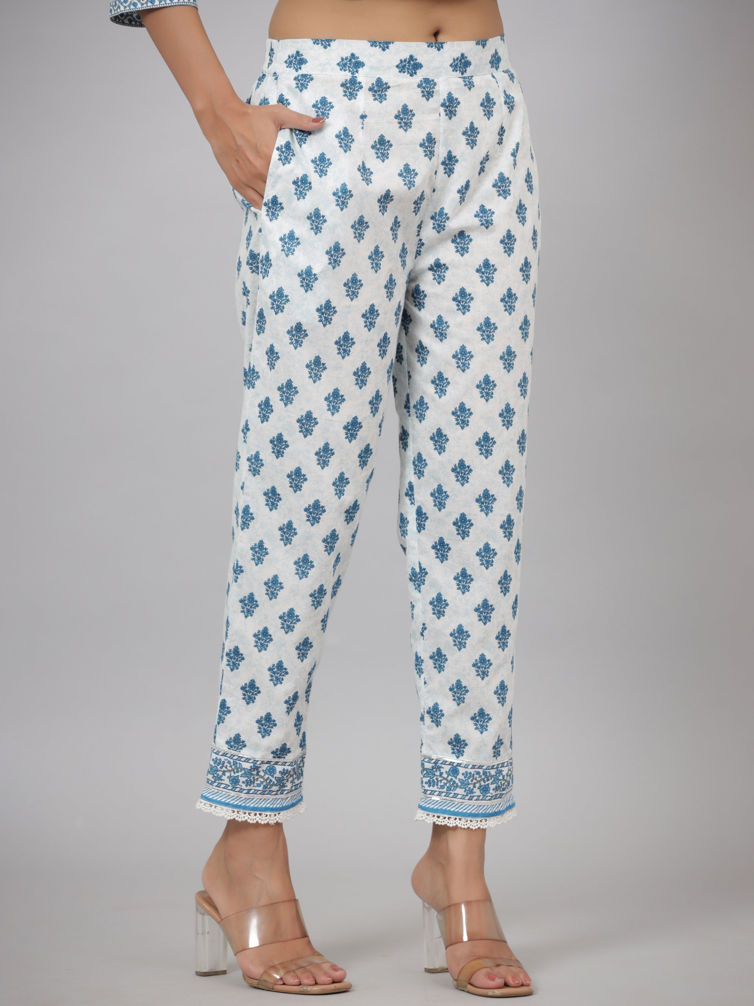 Juniper Women's White Cotton Cambric Solid Kurta Floral Printed Pant & Dupatta Set